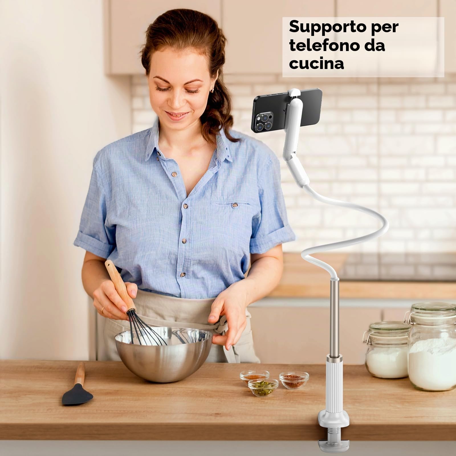 Supporto per telefono a collo di cigno per letto, supporto flessibile per telefono da scrivania, supporto per telefono lungo con mini morsetto girevole a 360°, larghezza 6,5 ~ 8 cm, compatibile