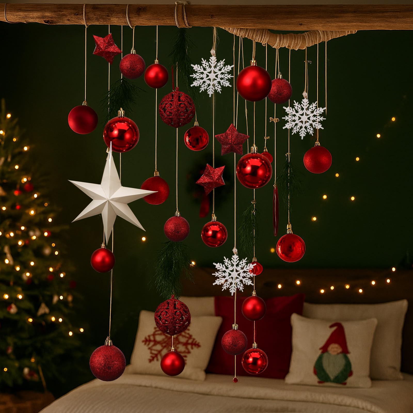 Halloscume Décoration murale de Noël à suspendre avec branche en bois clair - Décoration murale de Noël avec plantes artificielles - Décoration de cuisine et de salle à manger - Rouge