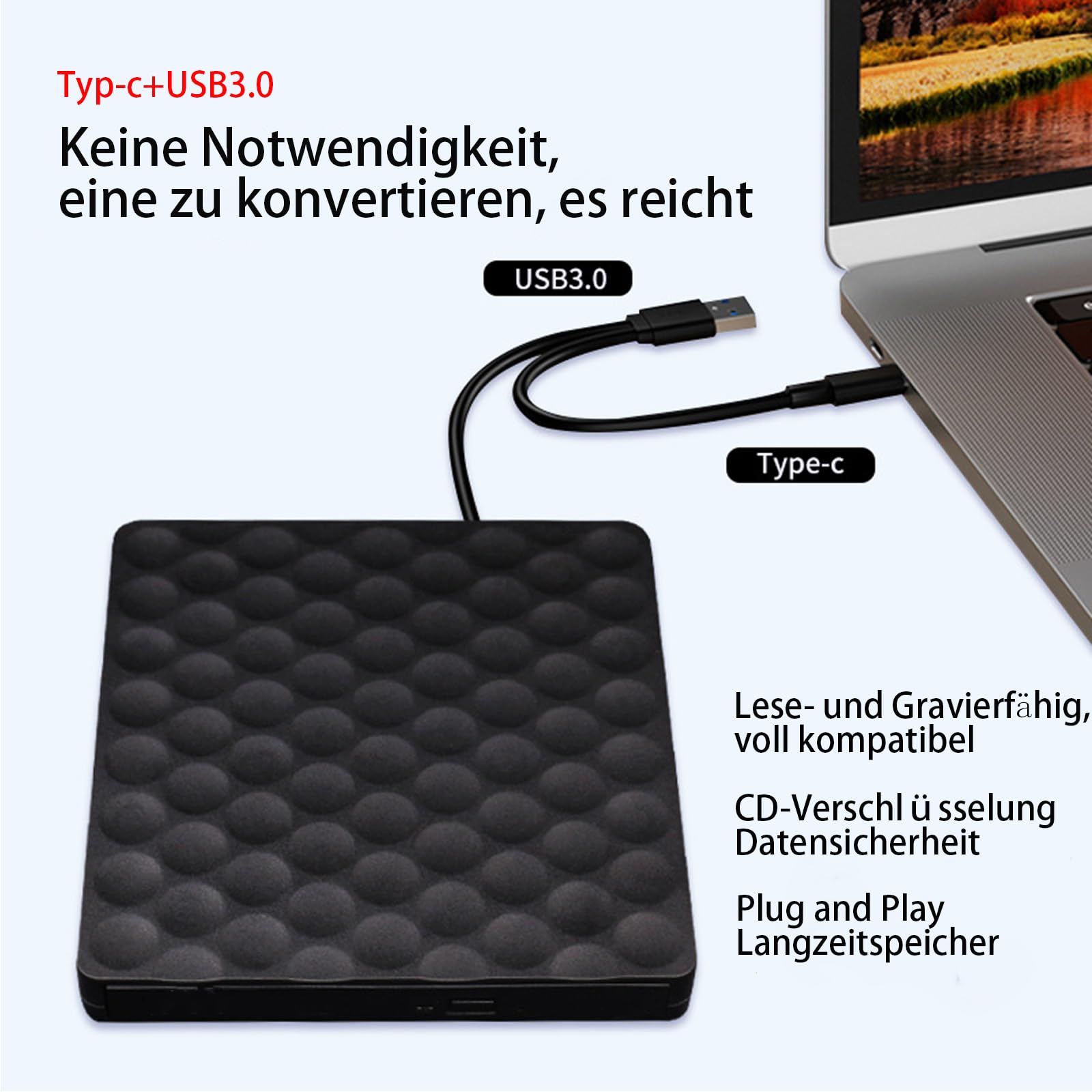 GERUI Zewnętrzny napęd DVD CD, USB TypeC, nagrywarka CD/DVD +/-RW, nagrywarka CD DVD USB 3.0, typ C, do komputera stacjonarnego z iMac//Linux/Win10/Win8/XP