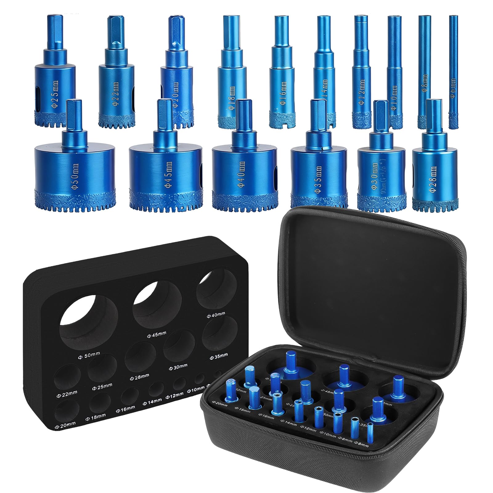 16 Pcs Diamond Hole Saw Kit, Tile Hole Saw Kit, Serrated Brazing Core Drill Bit Set with EVA Guide Jig Diamond Drill Bits for Porcelain Tile Glass Ceramic Stone Granite Marble
