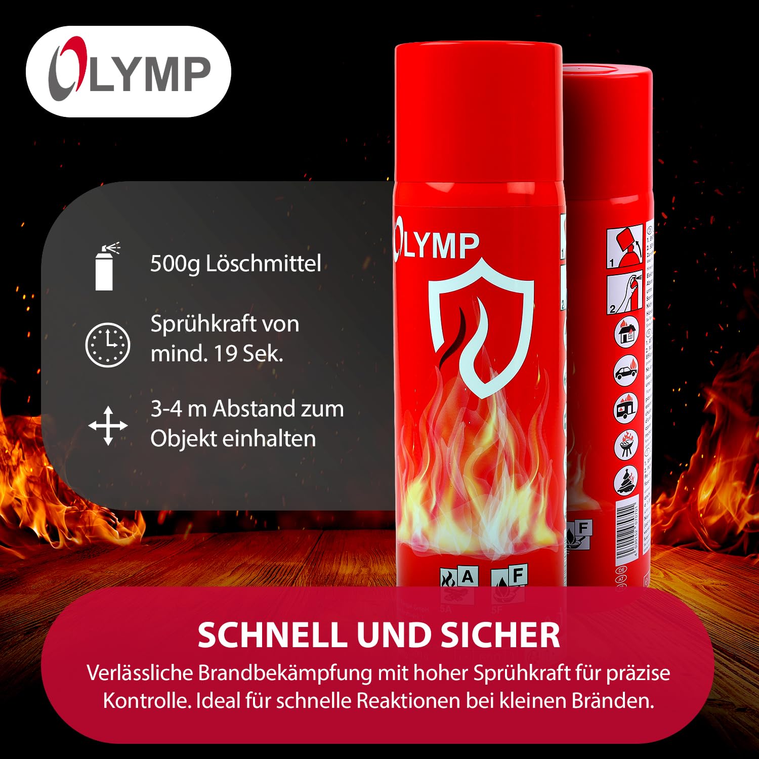 Olymp Feuerlösch Spray 2 Stück | Feuerlöschspray für Küche & Haushalt | Feuerlöscher Spray für Fettbrände | Löschspray für Zuhause | Feuerlöscher Dose Klein & Sicher | Feuerlöscher Wohnmobil