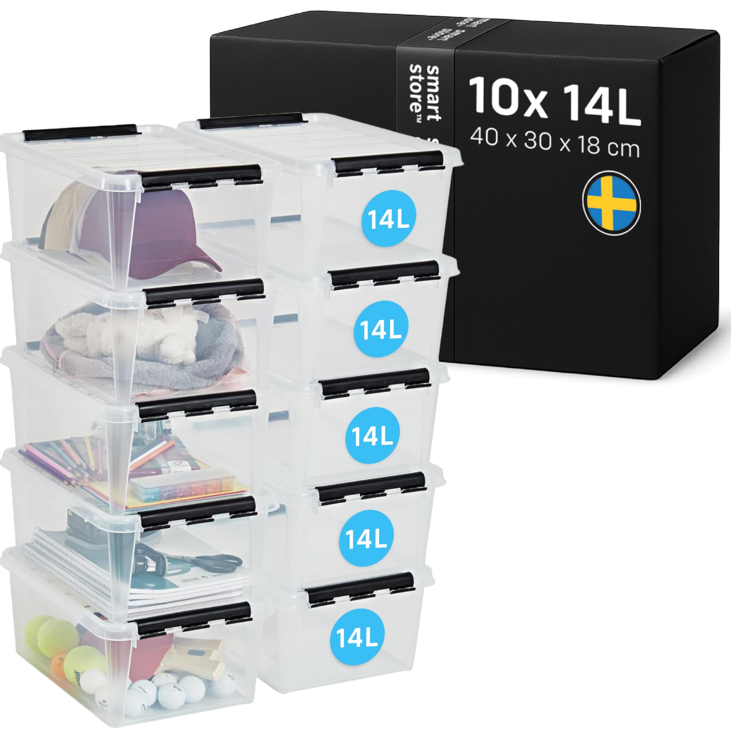 SmartStore - 10x Aufbewahrungsbox mit Deckel Classic 14L (40x30x18cm) | Stapelbare Box mit Deckel | Lebensmittelechte Kunststoffbox | Plastikbox mit Deckel & verstärkten Ecken | 10 Jahre Garantie