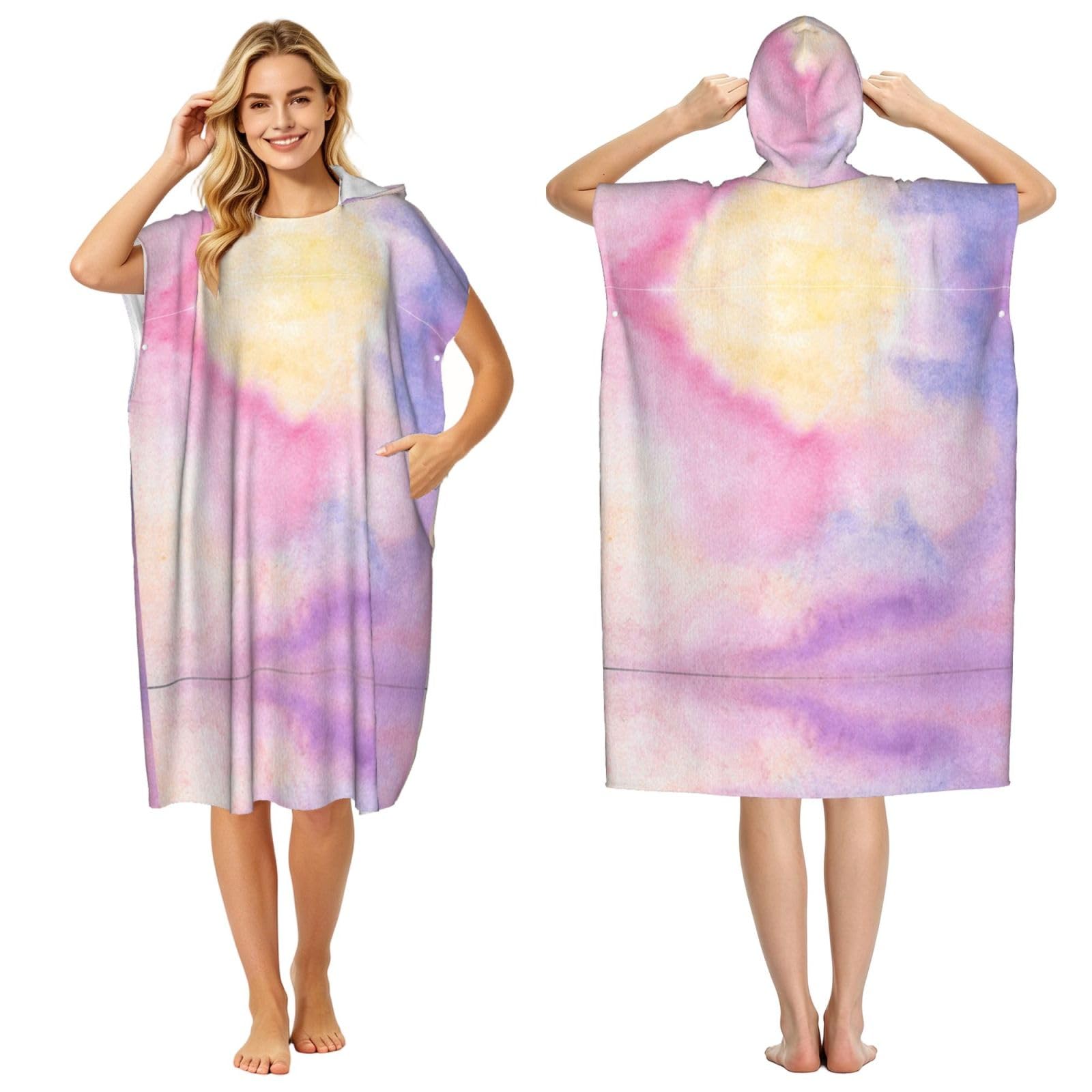 EZDLOWVBA Rainbow Print Hooded Poncho Microfiber Beach Towel,Adult Women & Men Changing Robe,Lightweight Summer Surf Swim Bath Poncho Towel