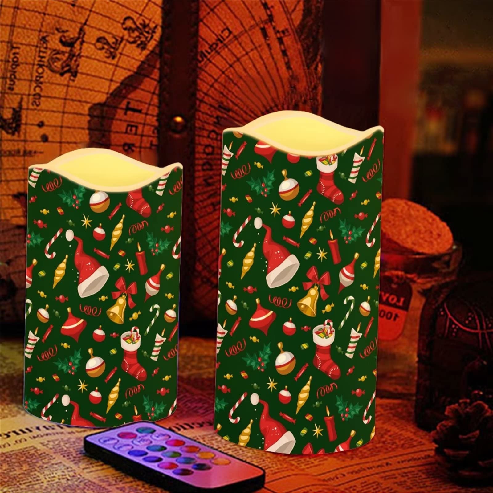 DISNIMO Candele natalizie a LED senza fiamma, candele verdi con telecomando e timer, candele tremolanti pilastri di cera a pile per centrotavola, feste, regali, decorazioni per la casa