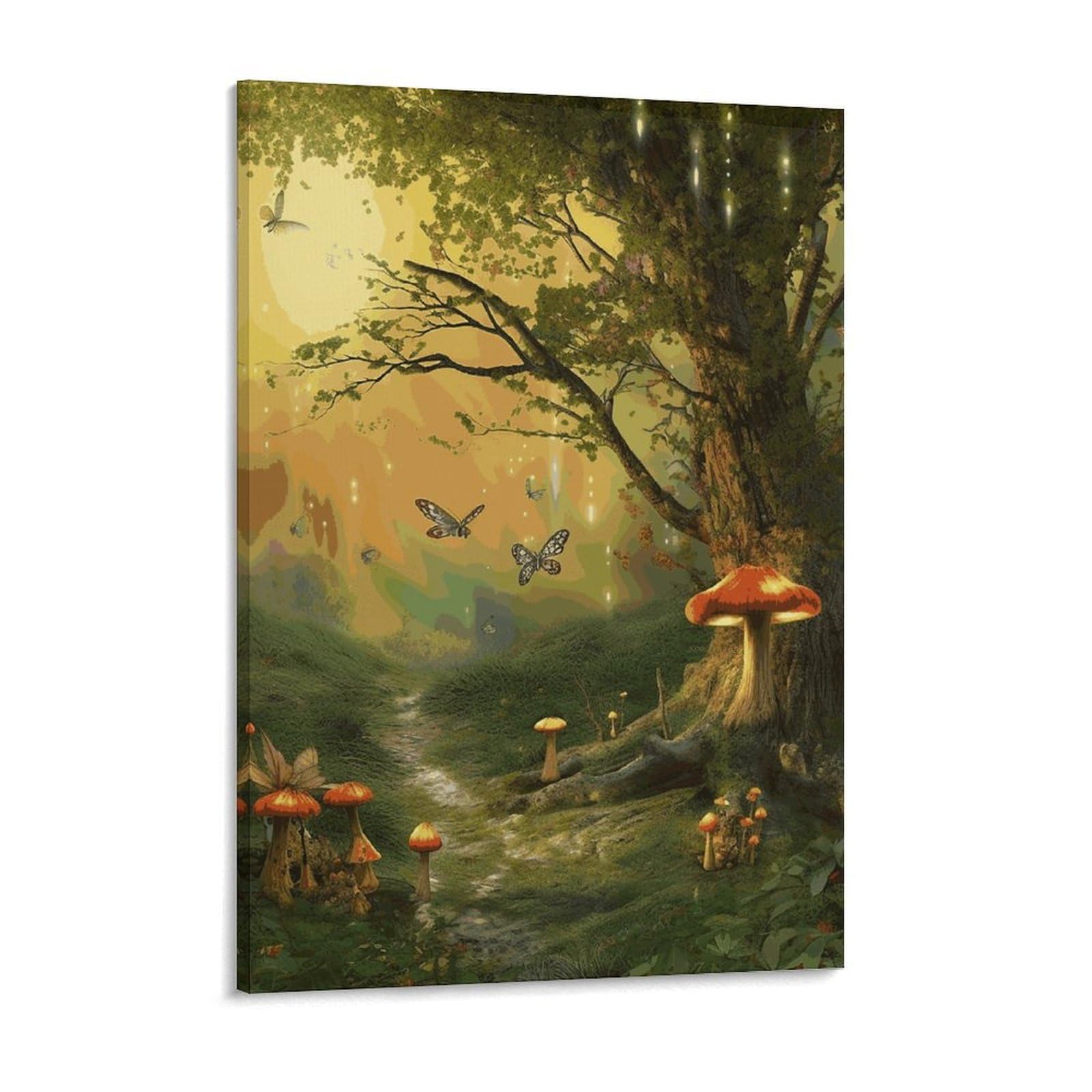 Forest with Fairies Butterflies Elves Canvas Wall Art for Bedroom 18x24inch Canvas Prints Artwork for Walls Modern Picture Artwork Painting for Living Room Aesthetic Wall Paintings for Bathro
