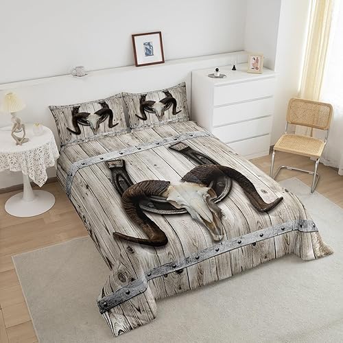 Miniatura 3 de Castle Fairy Edredón de cabeza de toro, tamaño Queen, decoración de habitación de vaquero occidental, edredón retro de herradura con 2 fundas de