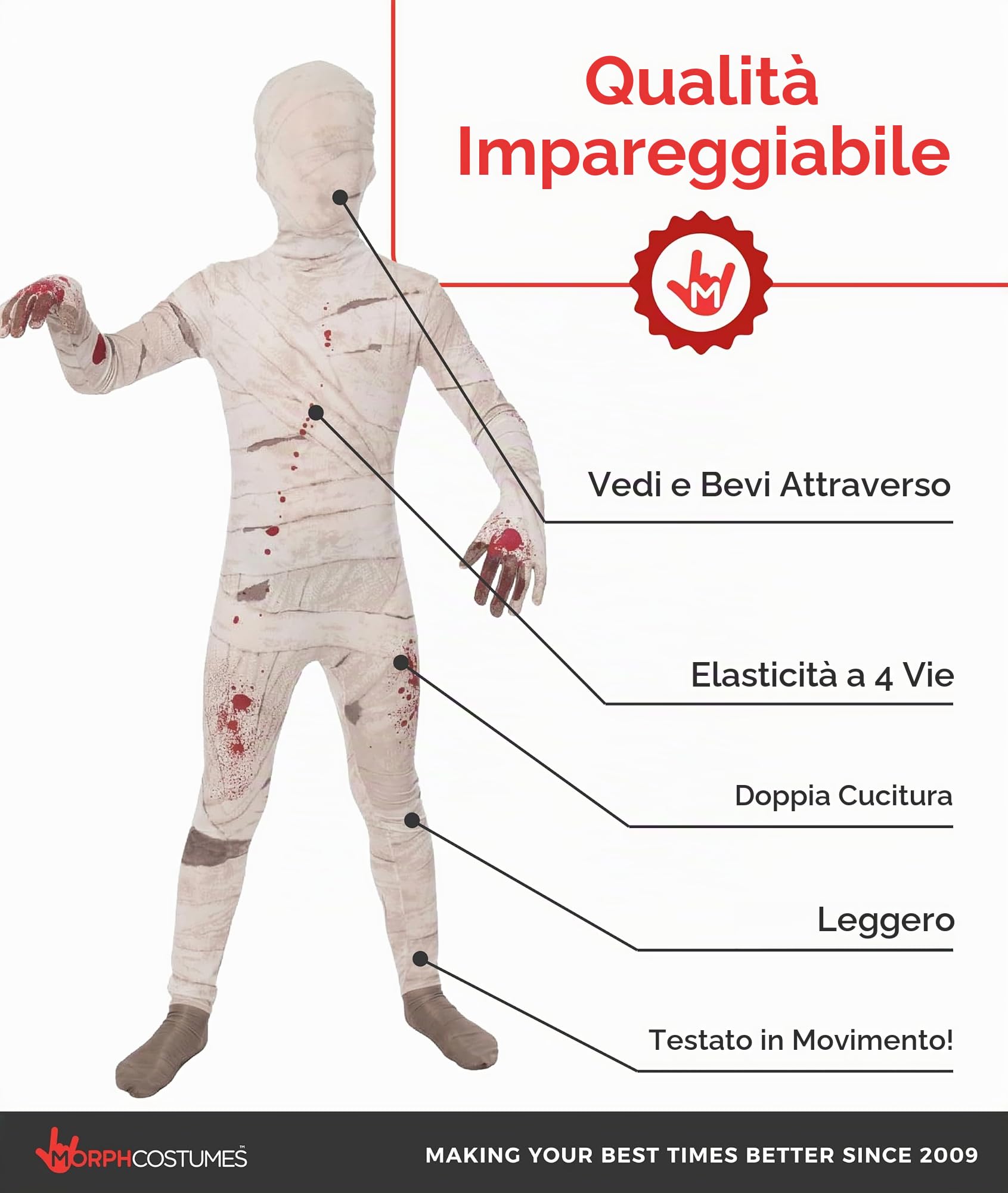 Moprhsuits - Costume mummia bambino, mummia bambino, mummia da bambino, costume da mummia per bambini, costume da mummia per bambini, travestimento di Halloween mummia, costume da bambino, taglia S, | Maglia, Pantaloni & Cappuccio, Stampa a Bende Bianche,