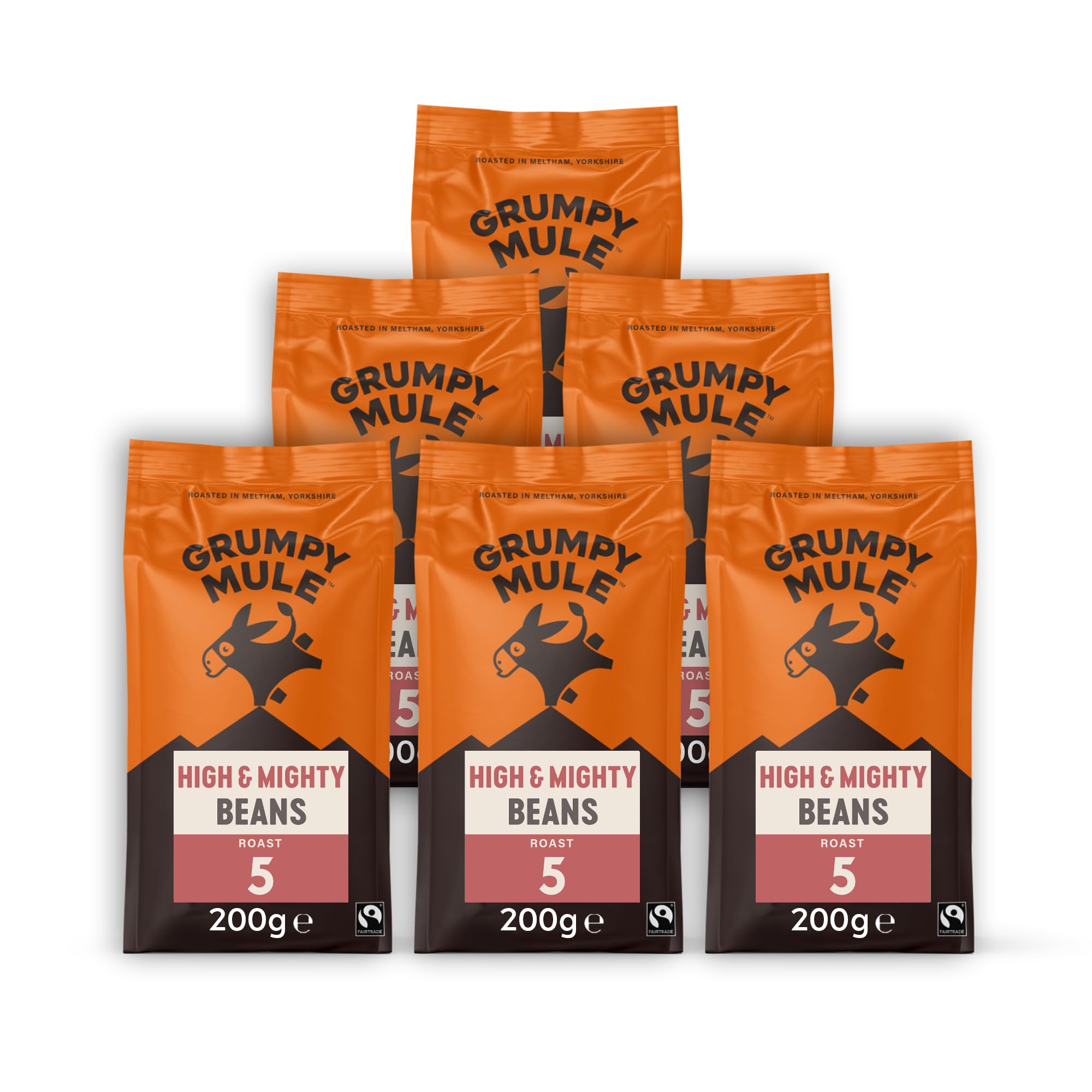 Grumpy Mule High and Mighty Espresso Blend Whole Coffee Beans with notes of Cocoa and Roast Hazelnut 200g (Pack of 6 - Total 1.2kg)Fairtrade InternationalFairtrade InternationalFairtrade InternationalFairtrade International