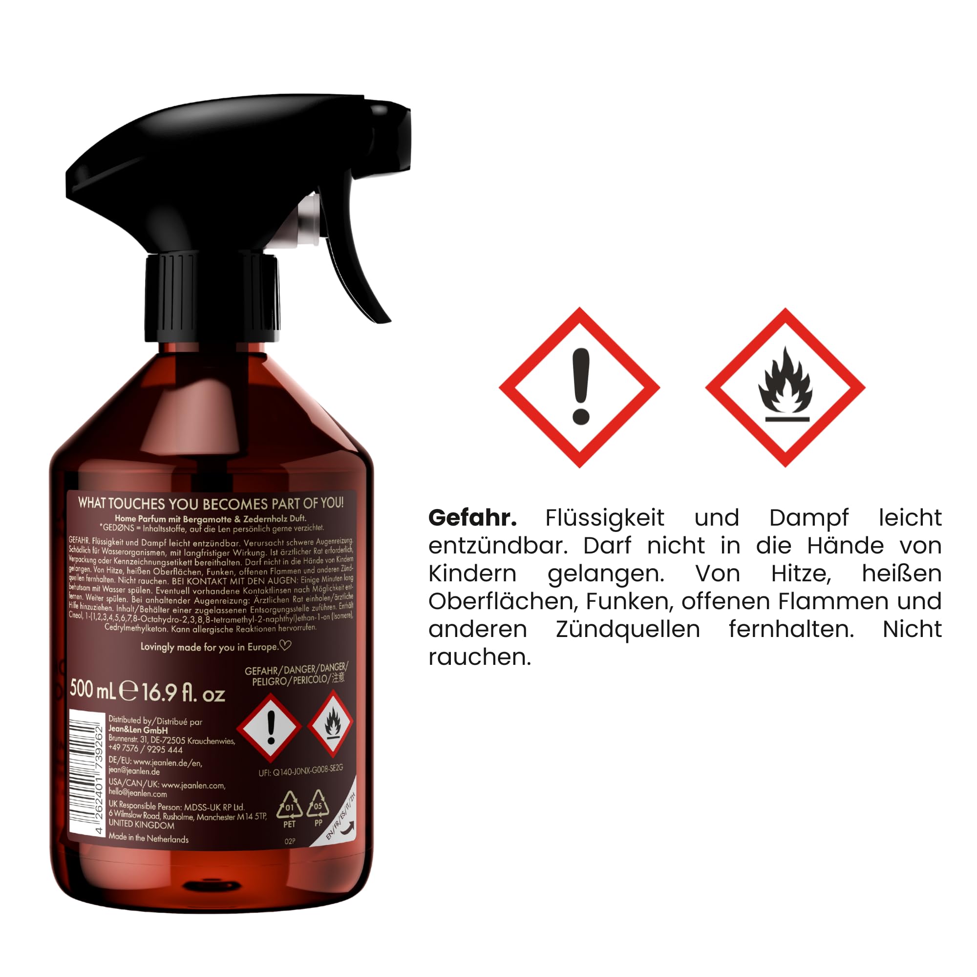 Jean & Len Home Perfume Set Bergamota y Cedro, fragancia de ambiente con aroma ácido, refresca con una sola pulverización, spray de ambiente de diseño minimalista, 6 x 500 ml