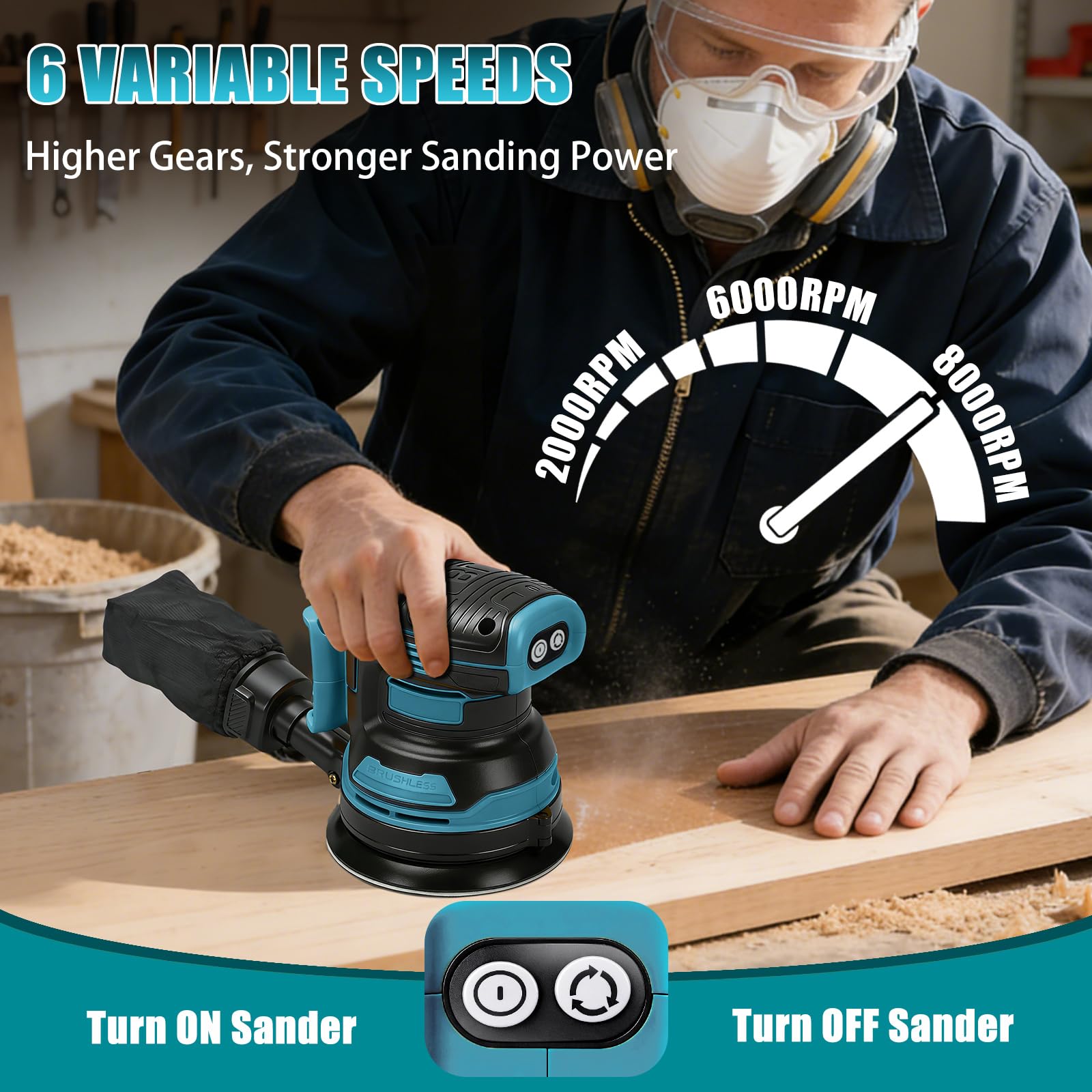Lijadora Orbital Inalámbrica 125 mm para Makita 18V (sin Batería) | Lijadora eléctrica sin escobillas, 4000–8000 rpm, 3 velocidades, 21 hojas de lija y bolsa de polvo