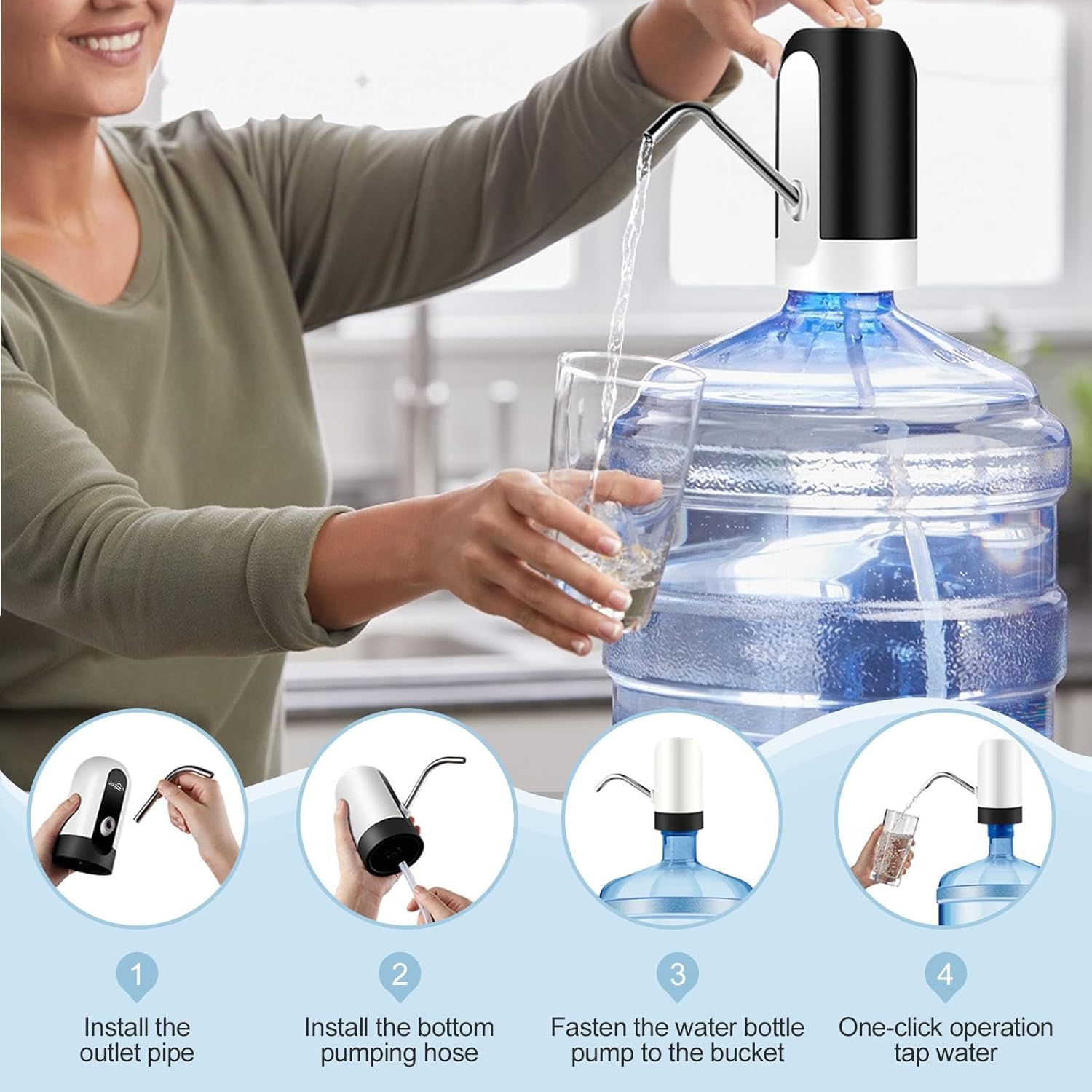 Pompe à eau pour bouteille de 18 litres, distributeur d'eau potable électrique à chargement USB automatique avec batterie rechargeable, pompe électrique portable pour la maison, le camping – Noir