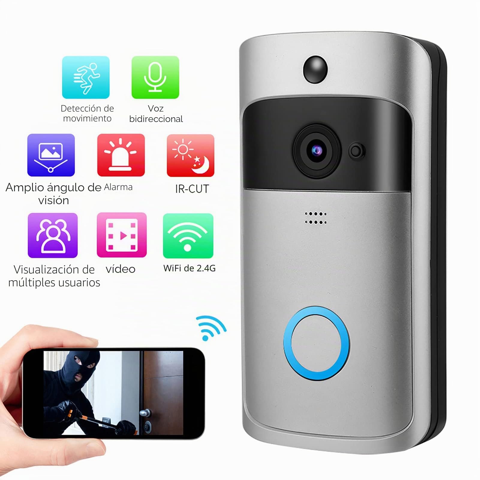 Cámara de timbre con video WiFi,timbre de seguridad para el hogar inalámbrico HD,cámara con sistema de interfono, detección de movimiento PIR de soporte/audio bidireccional/visión nocturna/gran
