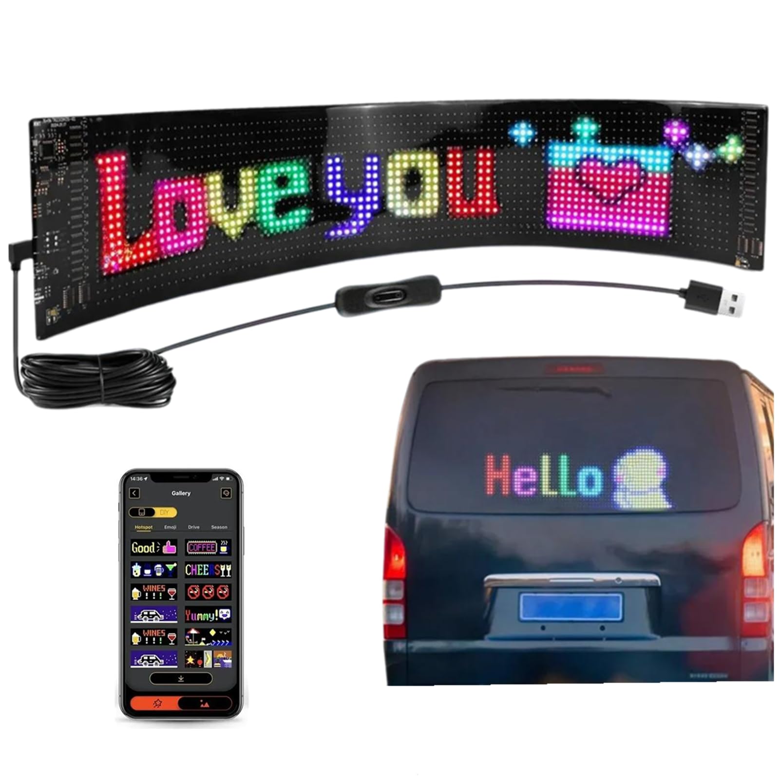 Panneau pixel à matrice LED RVB, panneau d'affichage coloré flexible pour voiture, panneau de défilement programmable pour voiture, message publicitaire intelligent, écran souple pour magasin, bar,