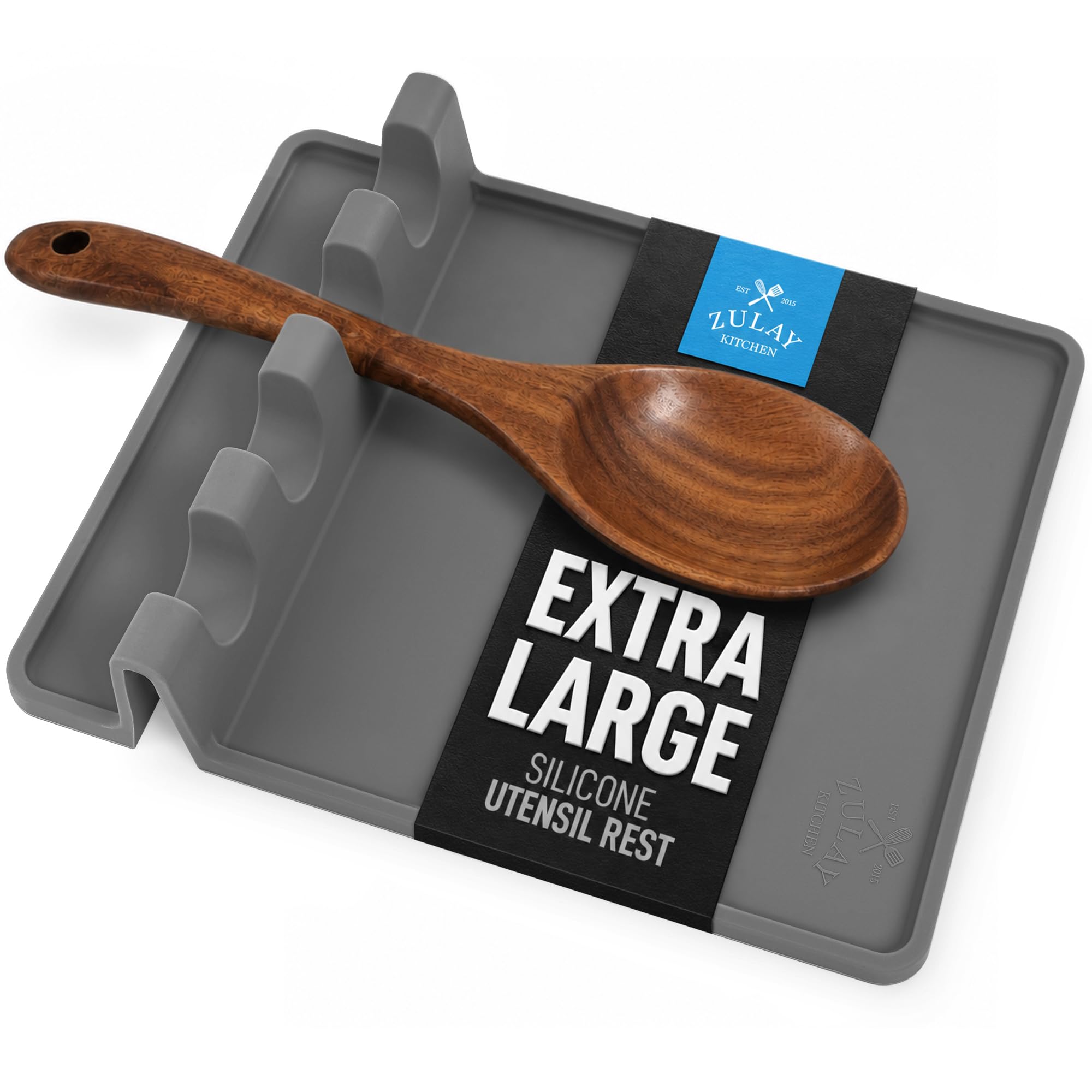 Zulay Kitchen Extra Large Silicone Utensil Rest with Drip Pad for Multiple Utensils - BPA-Free Heat-Resistant Spoon Rest &amp; Spoon Holder for Stove Top - Kitchen Utensil Holder for Spoon - Gray