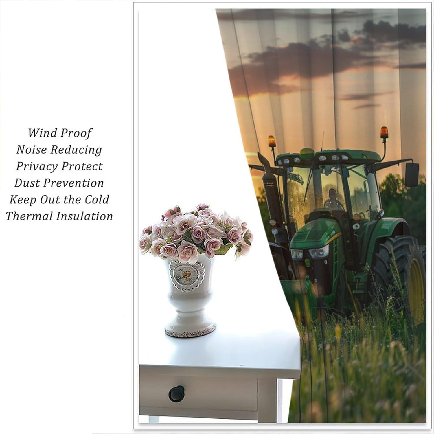 Sunset Tractor Blackout Curtains, Car Flower Plant Nature Landscape Home Decor Rod Pocket Window Drapes for Living Room Bedroom - 42" W x 45" L