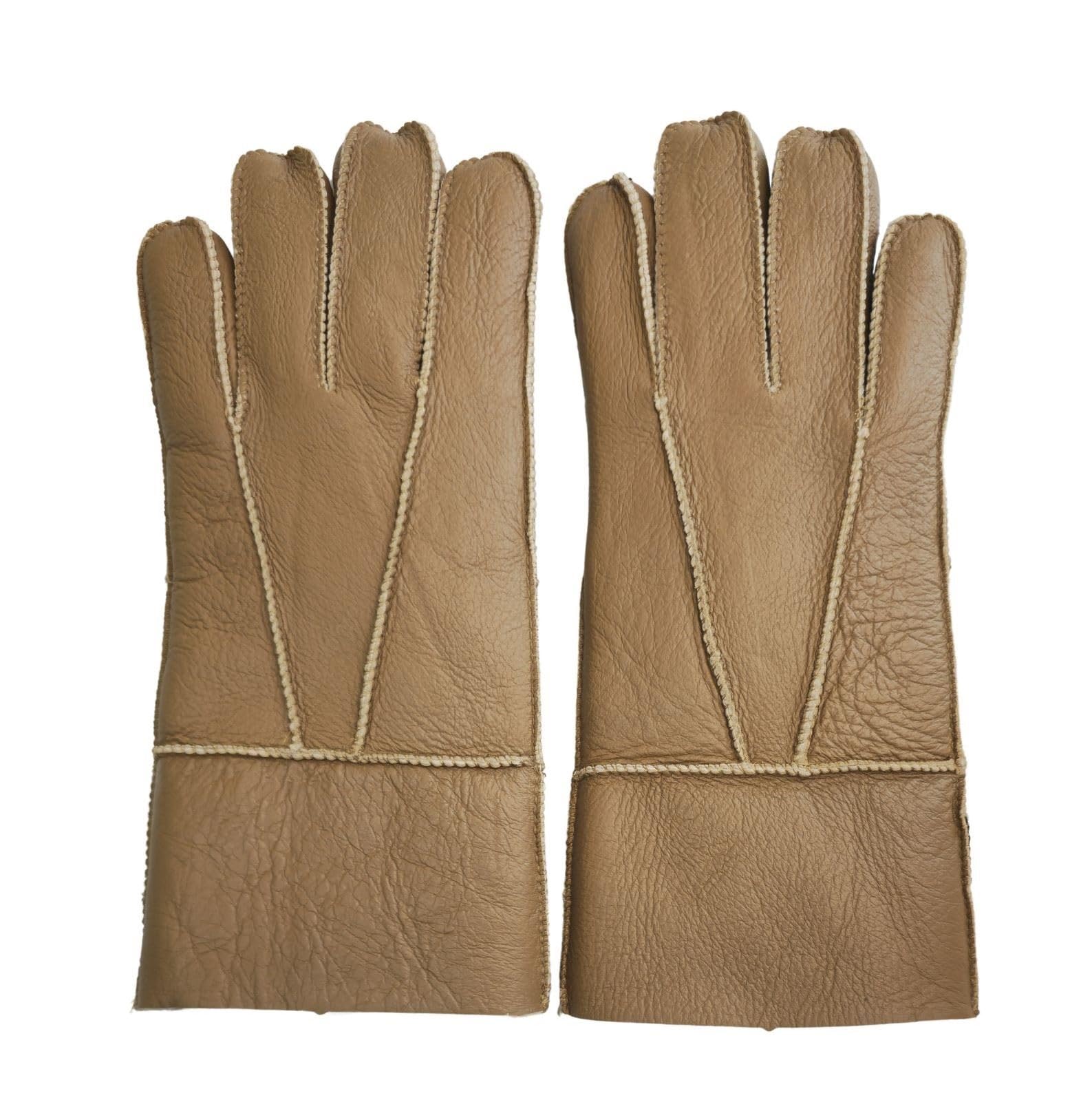 Truclothing Men's Tan Unisex Sheepskin Napa Leather Gloves Wool Shearling Lined Warm Thermal Handwear - M