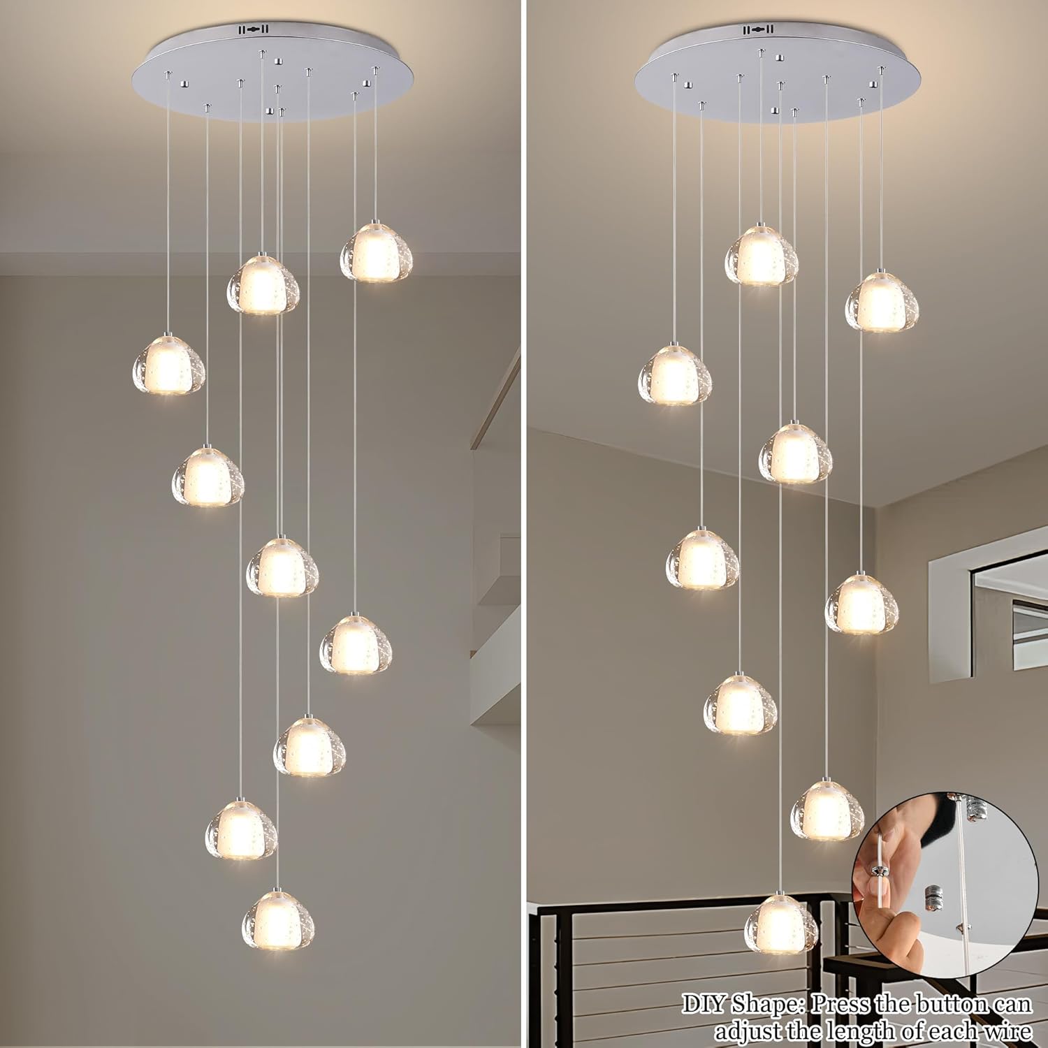 Chrome Crystal Chandeliers for Staircase 9-Lights, H99 Inches Modern Indoor High Ceilings LED Pendant Light Fixture for Living Room Foyer Entryway