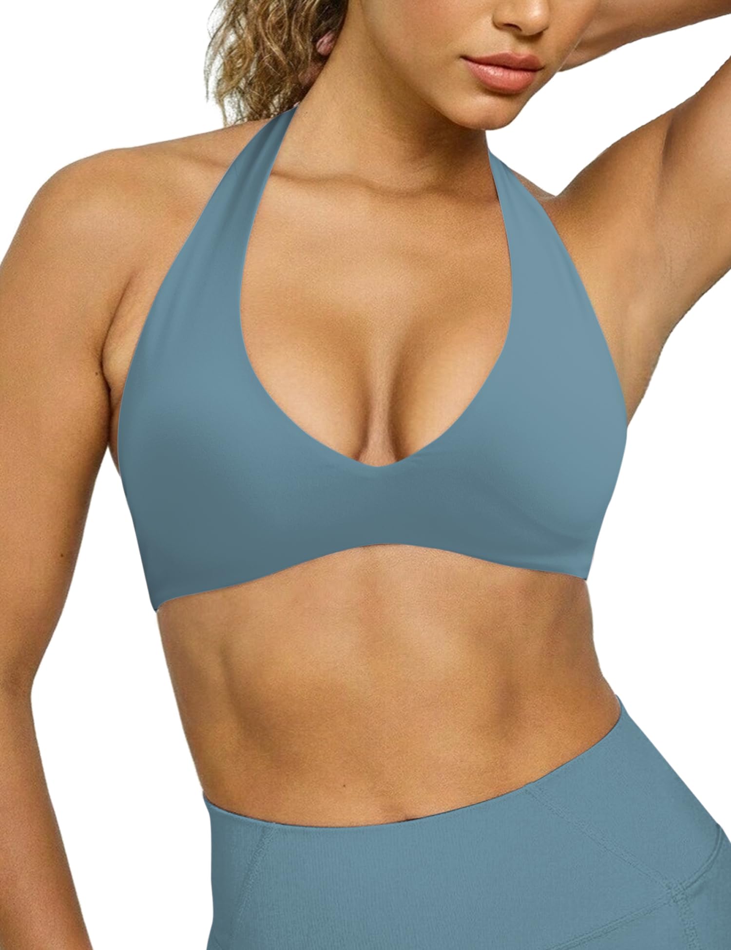Halter Sports Bras for Women Minimal Deep V Neck Open Back Wireless Workout Gym Yoga Bra