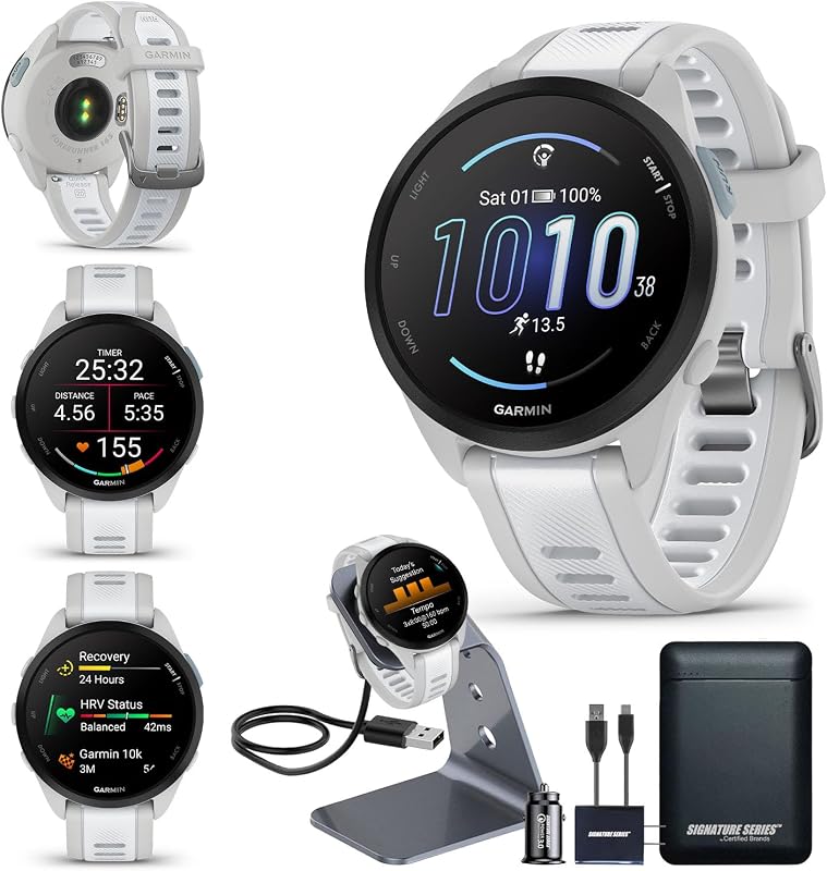 Reloj inteligente para correr con GPS Garmin Forerunner 165, gris niebla/piedra blanca | Información avanzada sobre salud y estado físico, entrenador del sueño, planes de entrenamiento, Garmin Pay | Paquete de alimentación y soporte para reloj Signature Series