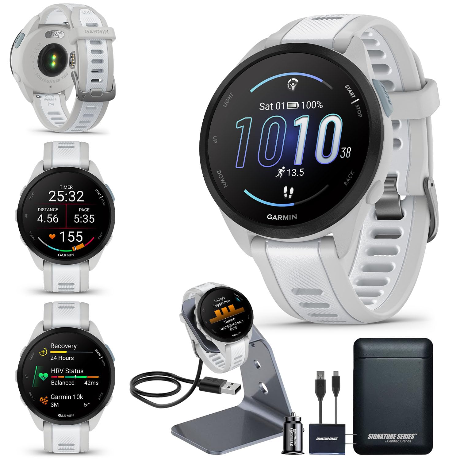 Garmin Forerunner 165 GPS Running Smartwatch, Mist Gray/Whitestone | Advanced Health and Fitness Insights, Sleep Coach, Training Plans, Garmin Pay | Signature Series Watch Stand and Power Bundle Forerunner 165 - Power Bundle Whitestone