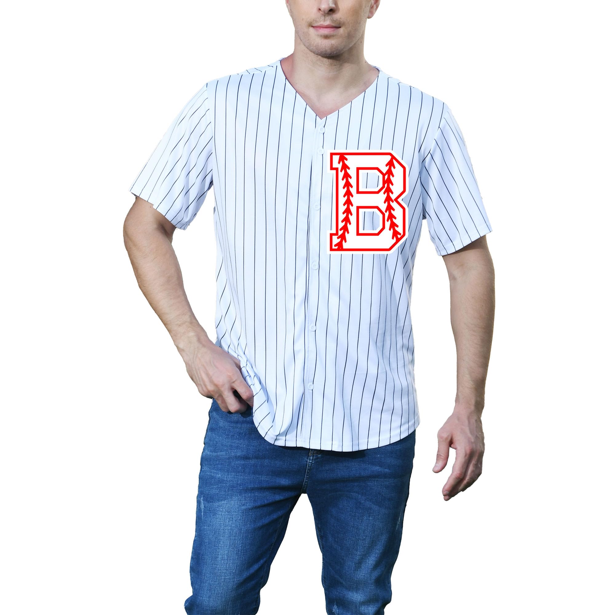 Mens Baseball Jersey Letter Printing Sport Softball Shirt Short Sleeve Button Up Cardigan Tee V-Neck S-XXL (Medium,Stripe-B)