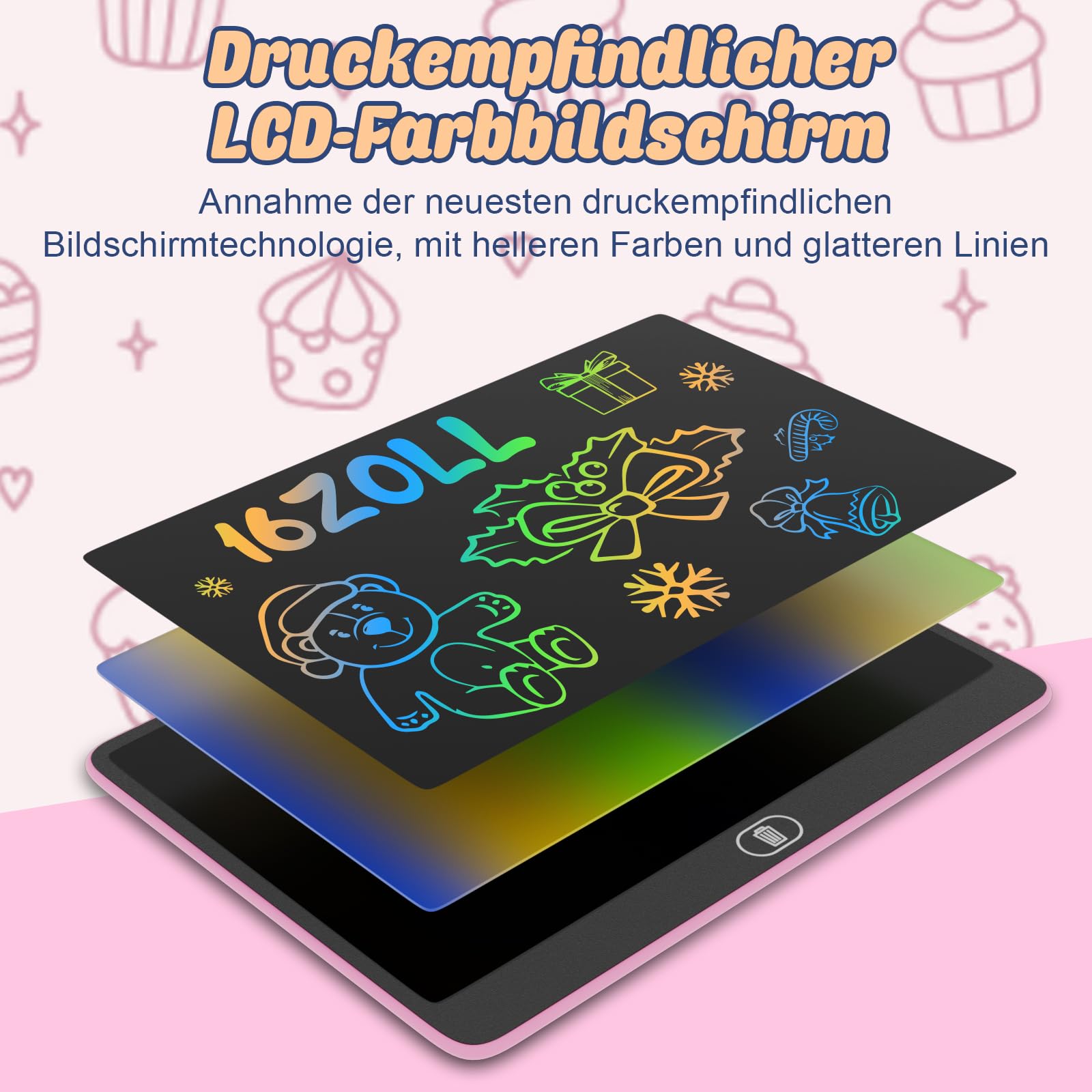 16 Zoll Bunte LCD Schreibtafel, Große Zeichentafel Elektronischer Tablette mit Sperr-& Löschfunktion, Augenschutz-Kritzelblock, Spielzeug & Geschenke für Kinder & Erwachsene zu Hause, Schule - Rosa - 3