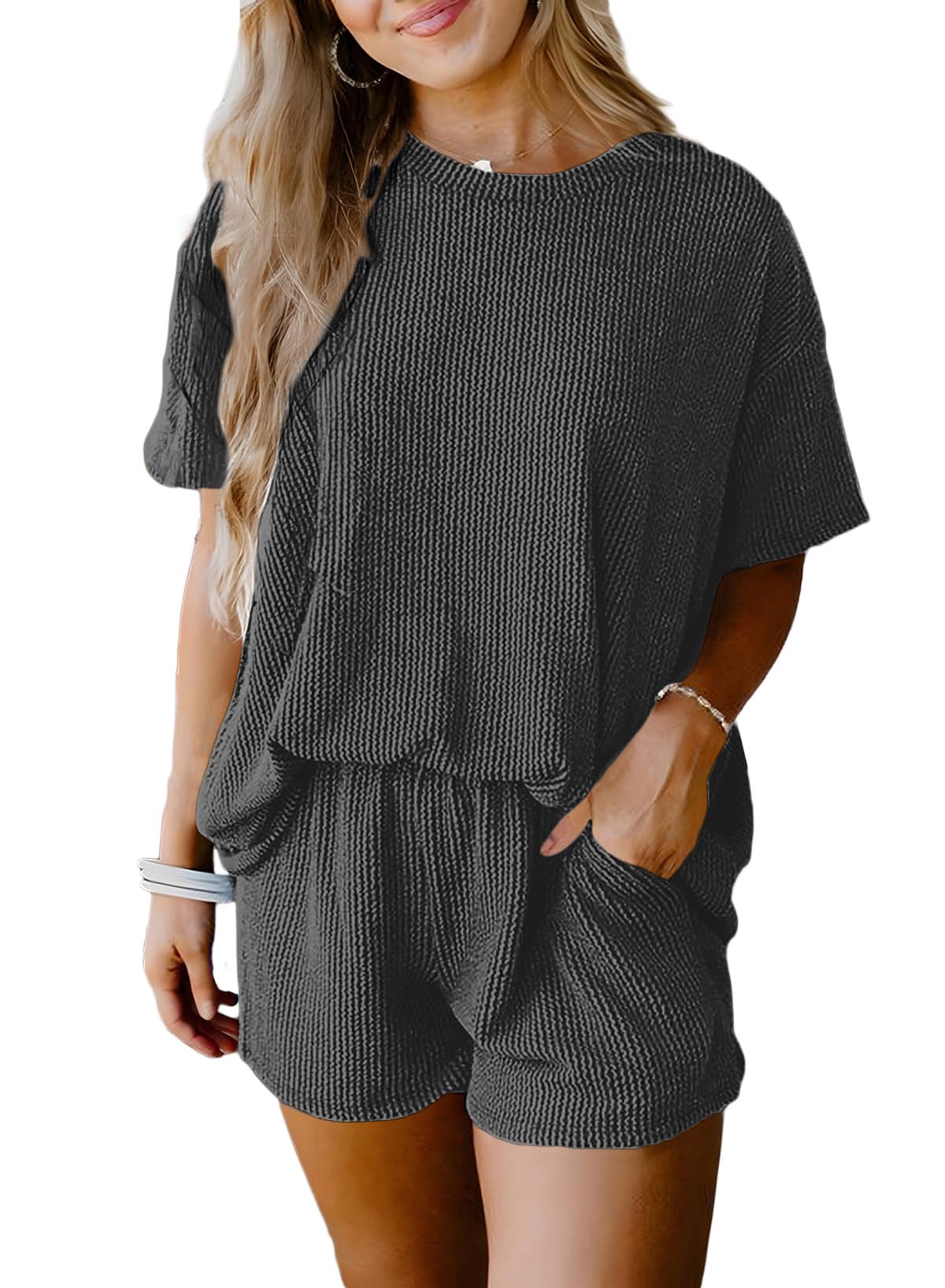 SHEWIN Two 2 Piece Sets for Women Short Sleeve Shirts High Waisted Shorts with Pockets Pajamas Lounge Matching Set