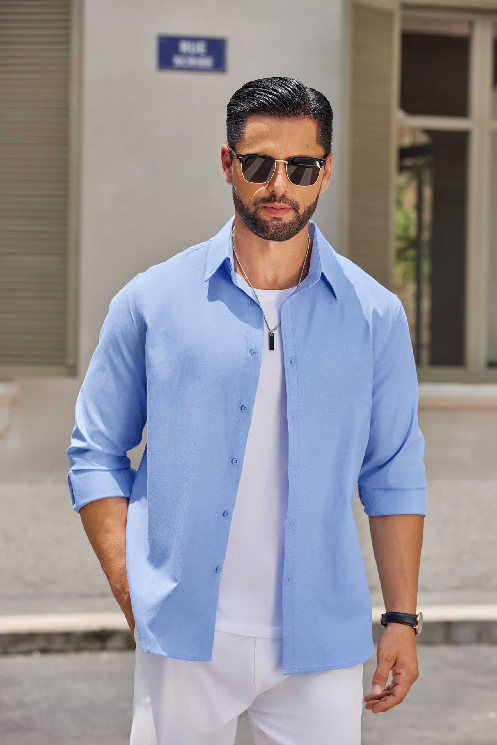 COOFANDY Camisa de Algodón de Manga Larga para Hombre Corte Regular con Botones Camisa Formal Informal de Negocios