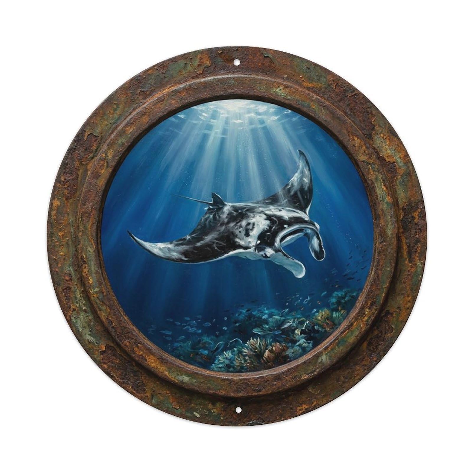 Vintage Porthole Manta Ray Soar Ship Window Under Deep Metal Tin Sign