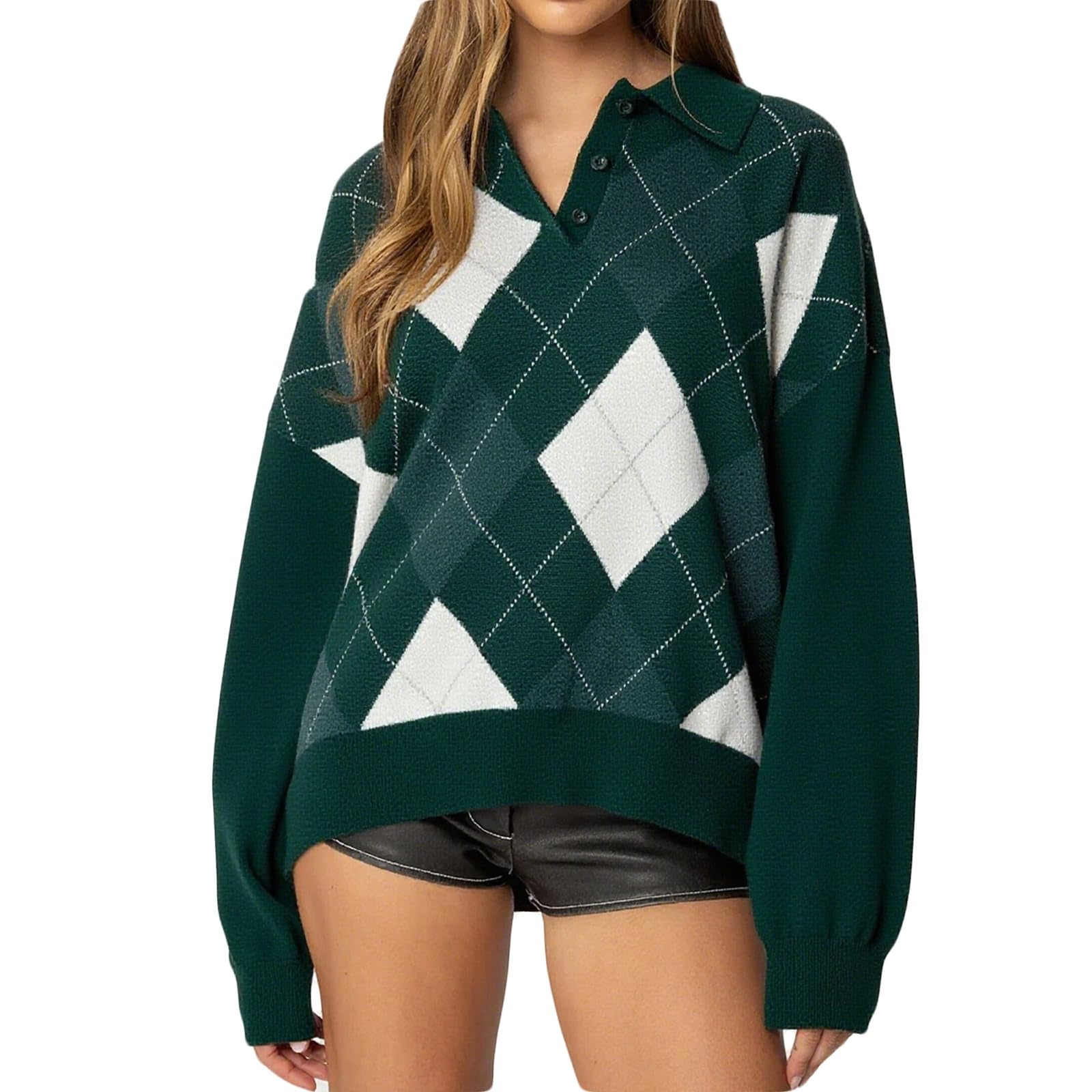 Women Polo Argyle Sweater Oversized Long Sleeve Collar V Neck Color Block Knit Pullover Vintage Preppy Clothes