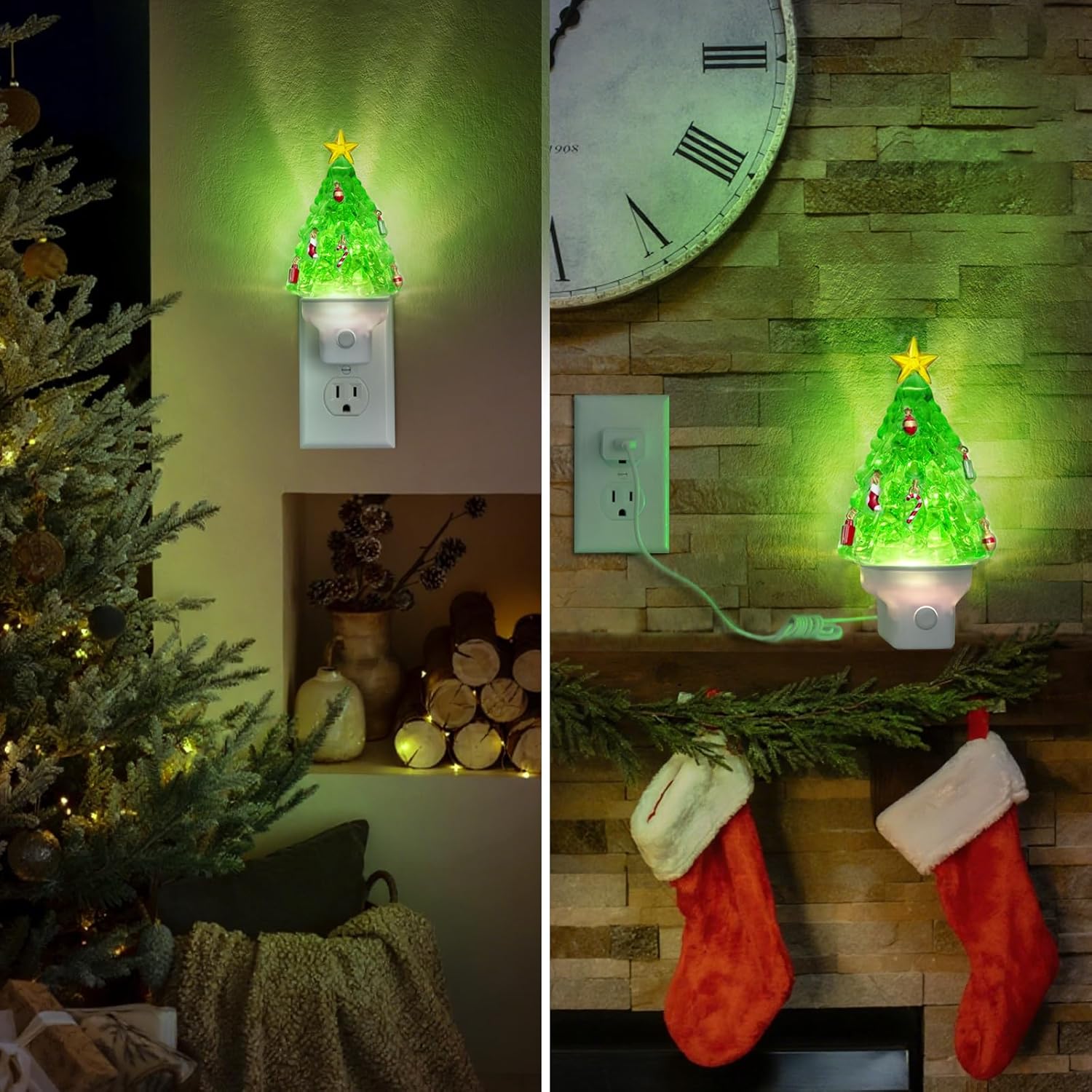 Christmas Tree Night Light with Swirling Glitter, Plug-in Wall Light with Push-Button Switch, Vintage Christmas Decorations for Home, Bedroom, Bathroom, Holiday Gifts Includes Gift Box