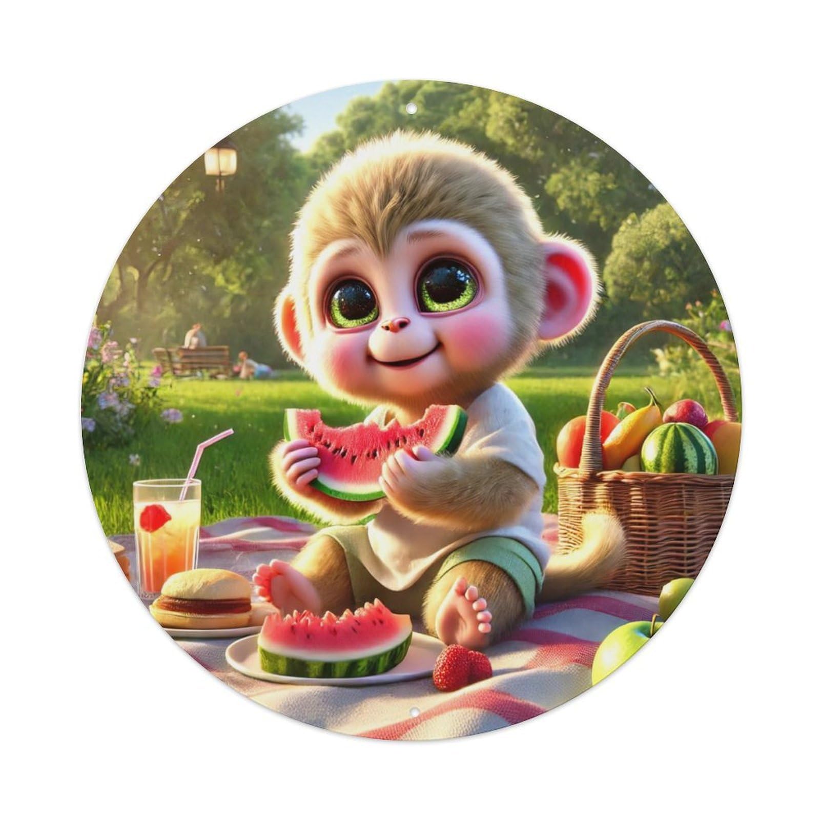 Animal Artwork Monkey Eating Watermelon Vintage Metal Tin Sign Plaque Wall Decor for Cafe, Club Bar, Office, Garden Metal Poster 8x8Inch