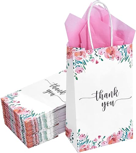 Miniatura 4 de Paquete de 50 pequeñas bolsas de regalo de papel blanco y floral con asas y 24 hojas de papel de seda para pequeñas empresas, compras, bodas, baby