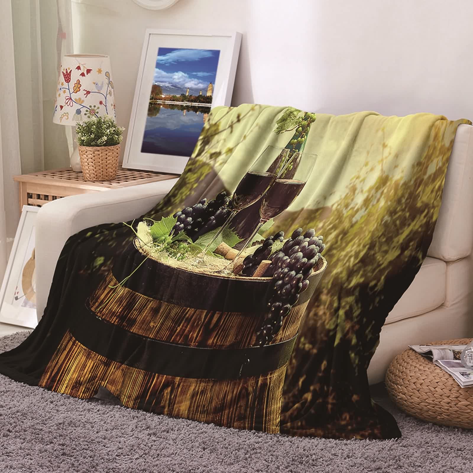 Couverture polaire en flannel KnSam 100x150cm plaid doux canapé motif raisins