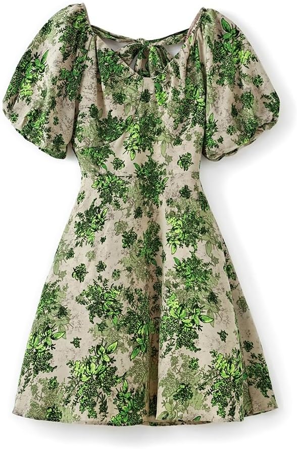 JSEIAJB V-Neck Bubble Sleeve Floral Back Lace Up Dress for Women's Dress