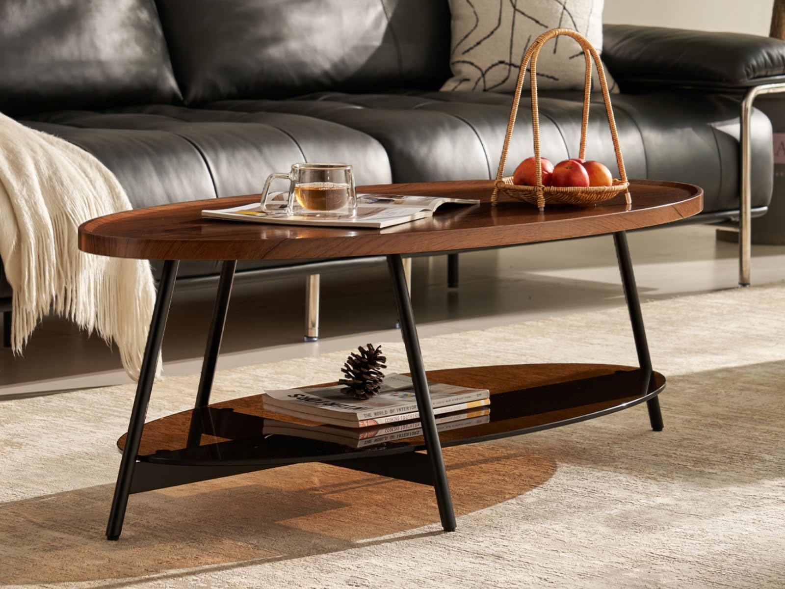 Shrine Glass Coffee Table, Black Walnut Table for Living Room, Glass and Wood Table, 43.3" D x 21.6" W x 15.7" H, Brown Glass Base, Walnut Wood Top&