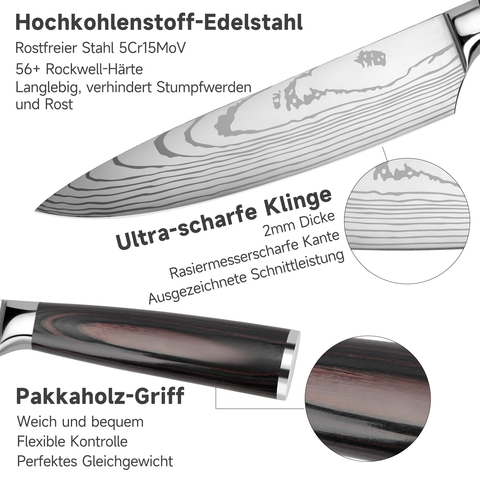 Messerset 5-tlg Küchenmesser Set aus Hochwertigem Edelstahl, Ergonomischen Griff, Profi Messer Set mit Kochmesser, Brotmesser, Santoku Messer, Allzweckmesser, Gemüsemesser-Geschenkbox
