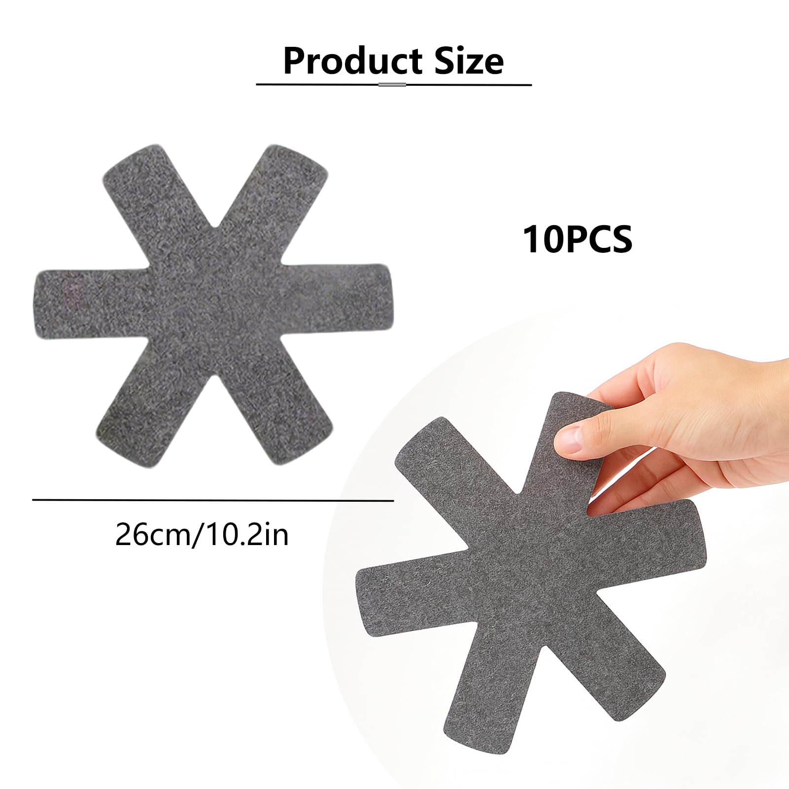 Protector de Sartenes, Pack de 10 Piezas (26cm), Separadores Antideslizantes Bajo de Fieltro, Protectores de Sartenes Resistentes al Calor para Sartenes y Cacerolas Apilables (Gris)