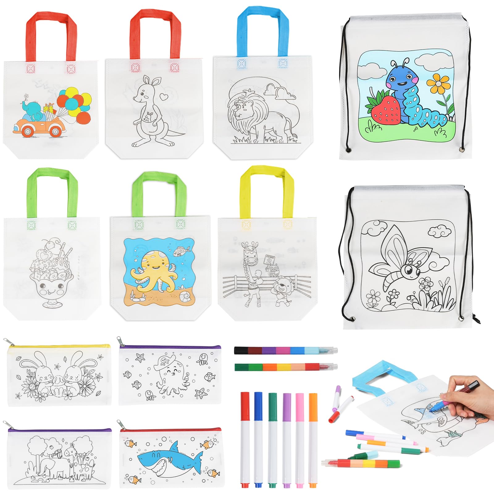 12x Stoffbeutel Zum Bemalen - DIY Kosmetiktasche Set Mit Aquarellstiften