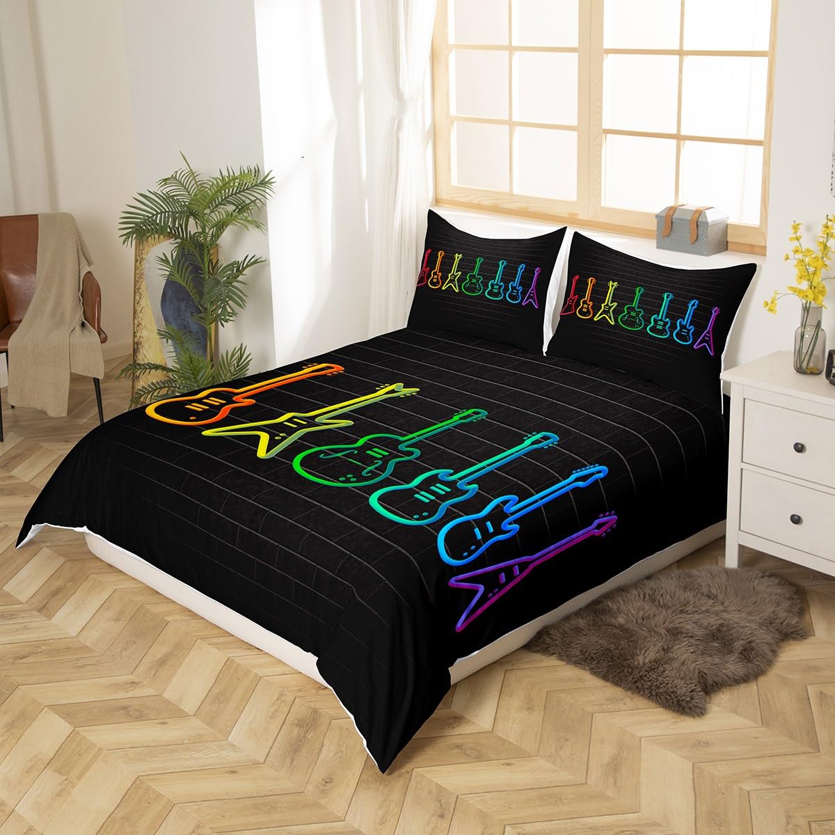 Homewish Glowing Guitar Bed Set for Kids Teen Adults Neon Guitars Duvet Cover - Image 3