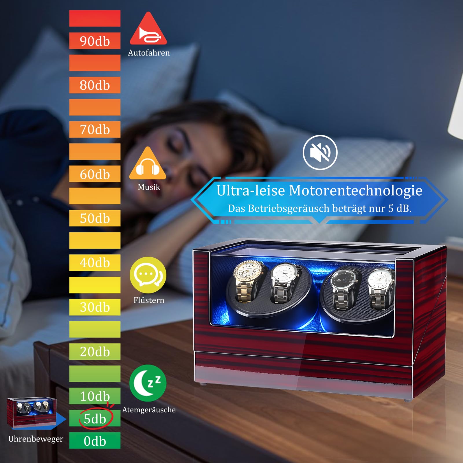Uhrenbeweger für Automatikuhren, Automatikuhren-Winderbox mit LED-Beleuchtung, 4 Uhrenbeweger mit leisem Motor und 4 Rotationsmodi