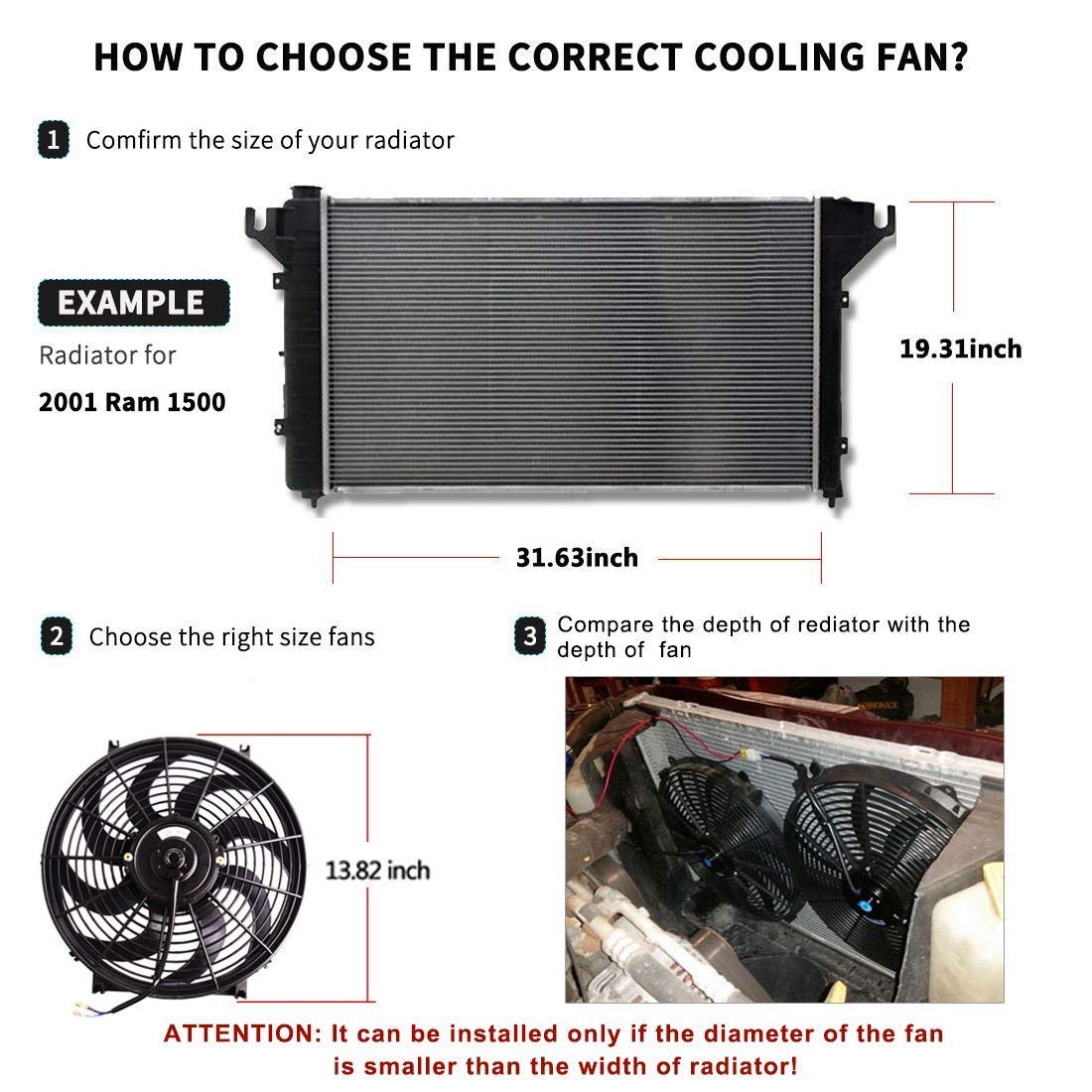 Ventilador de refrigeración para coche, 12 V, 12 pulgadas, con 10 aspas, refrigerador de motor, ventilador 80 W, ventilador de refrigeración eléctrico (12 pulgadas/30,5 cm)