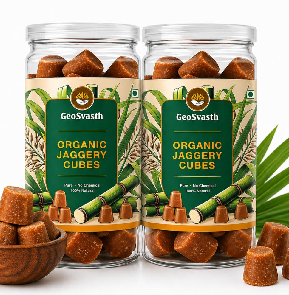 Image of Geosvasth Organic Jaggery Cubes | Unrefined & Nutrient Rich Gud |Preservative Free | Desi Gol,Gur, Vellam, Sharkara Bellam | Healthy Sugar Substitute, Iron Boosting | Traditionally made 600g Pack of 2 (600g - Pack of 2)