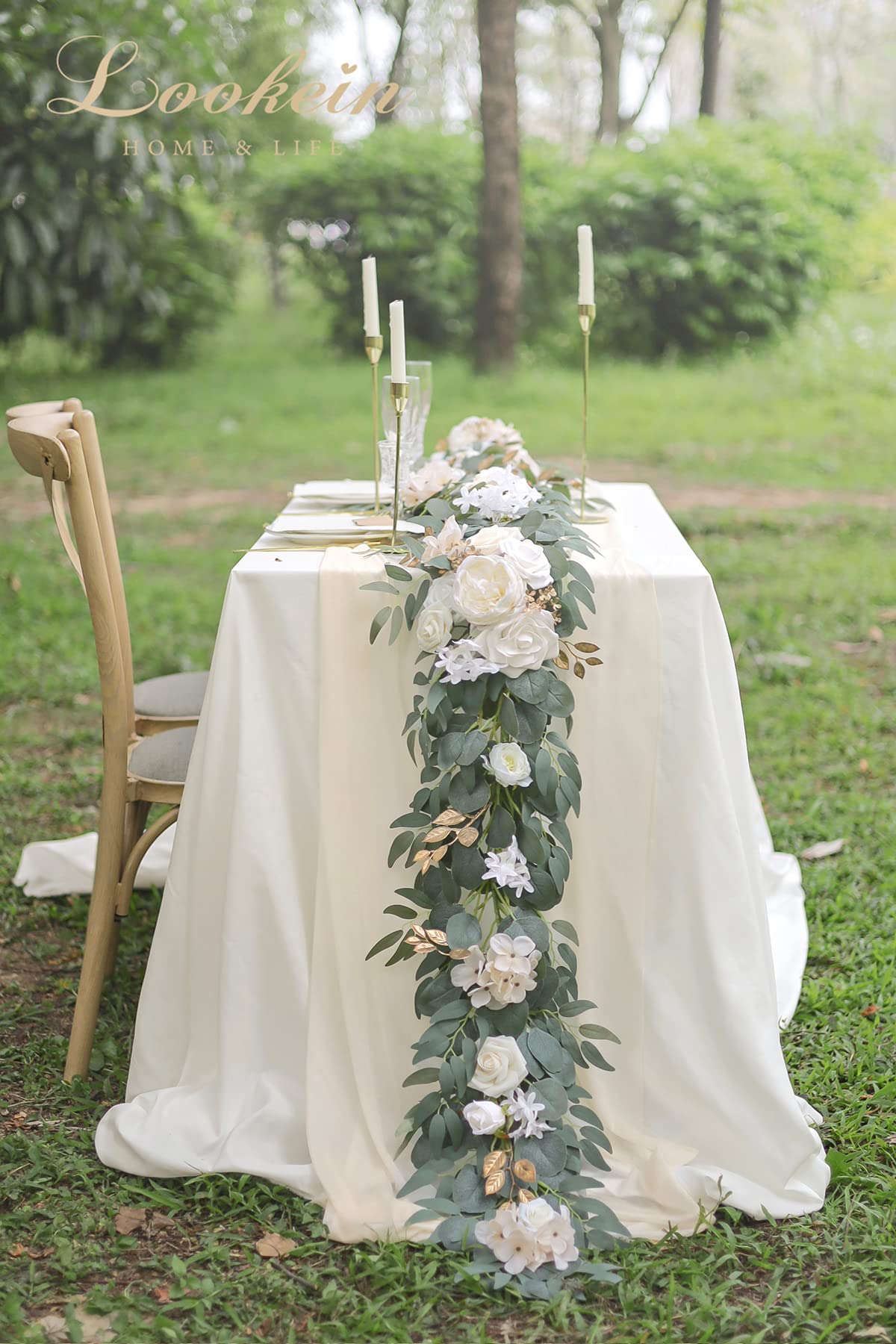 Lookein Blumengirlande, Eukalyptus-Girlande mit Blumen für Hochzeit, Tafelaufsätze für Probe, Abendessen, Brautparty, cremefarben, 1,8 m