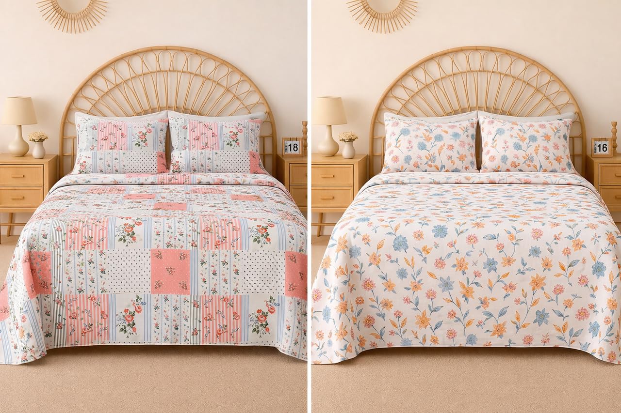 BSB HOME 2 Bedsheet Combo Set with 4 Pillow Covers – Premium Cotton Glace Cotton Printed Double Bedsheets, 2 Elegant Colors, Soft Breathable Luxury Bedding Set - Pink & Off White-picture-18