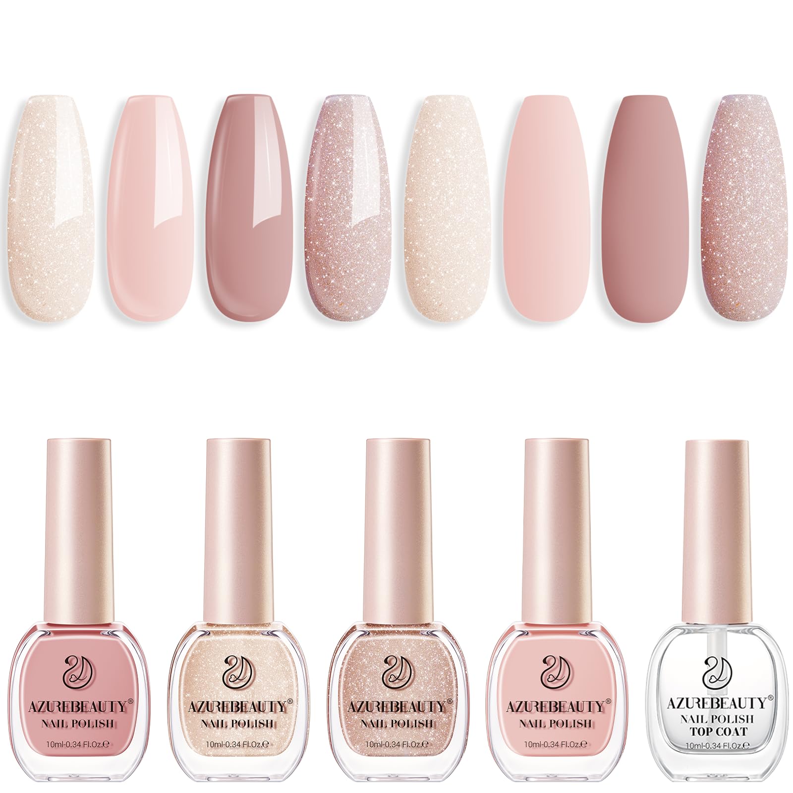 AZUREBEAUTY Nail Polish Set, 4 Colors Nude SKin Glitter Pearl Long Lasting All Season Quick Dry Natural Fingernail Lacquer Strengthening Treatment Kit 10ML with Top Coat DIY Salon at Home