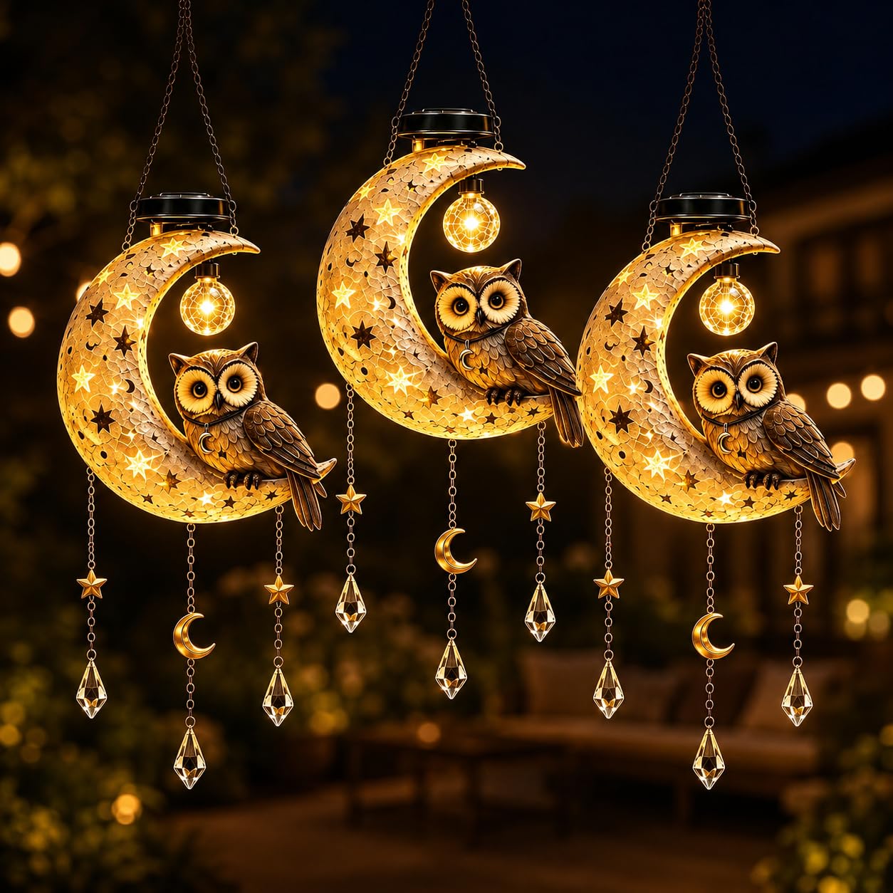 Decorazione forma gufo mezzaluna luci solari campanelli eolici Lanterna sospesa LED luce calda patio giardino vialetto Idea regalo amanti degli uccelli Classe energetica A