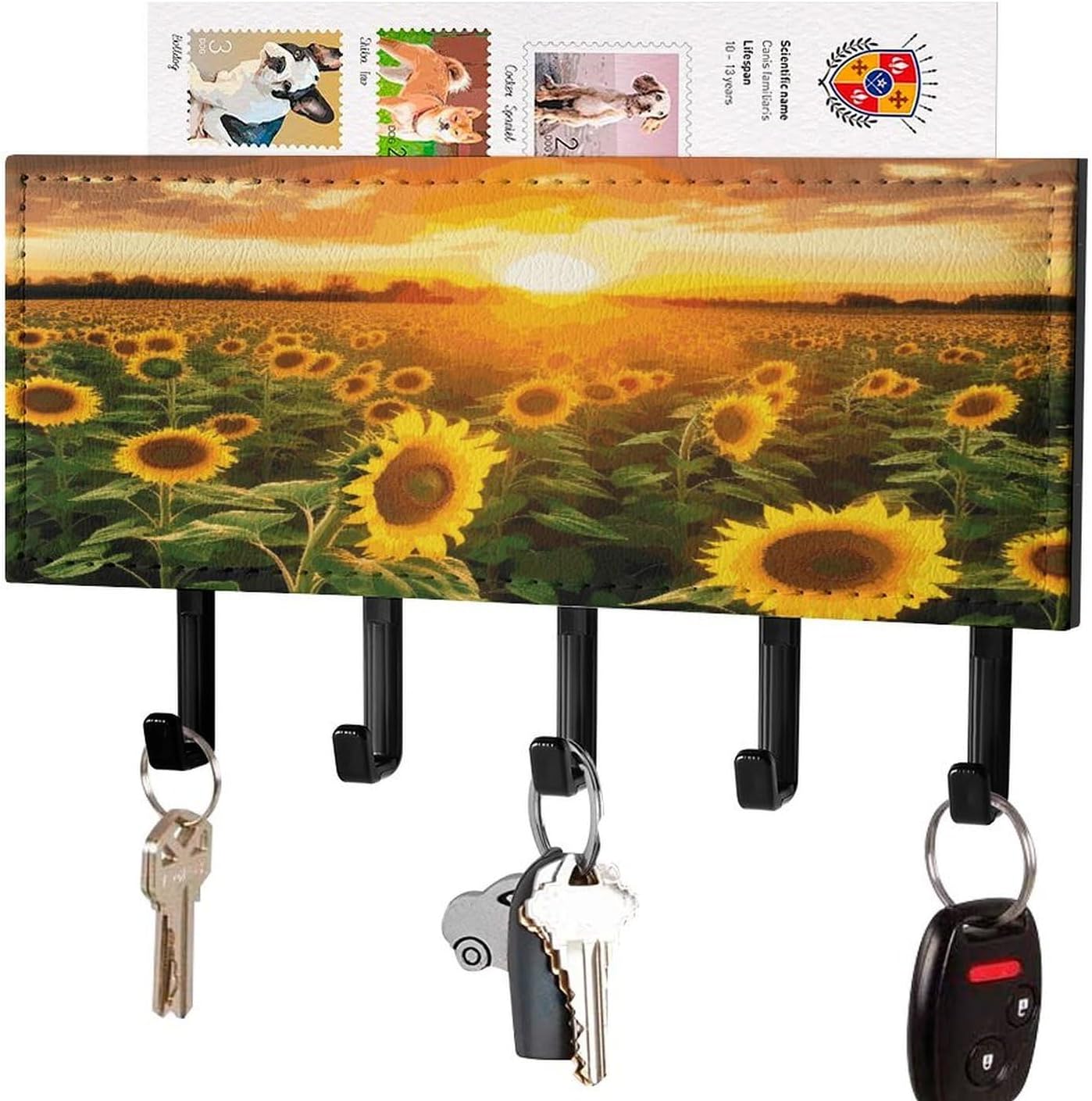 Key Holder Wall Mount Key Hanger with 5 Hooks, Decorative Key Rack | Sunflower Field Sunset Hanging Key Hooks with Mail Organizer for Wall Living Room Kitchen Bathroom Hallway