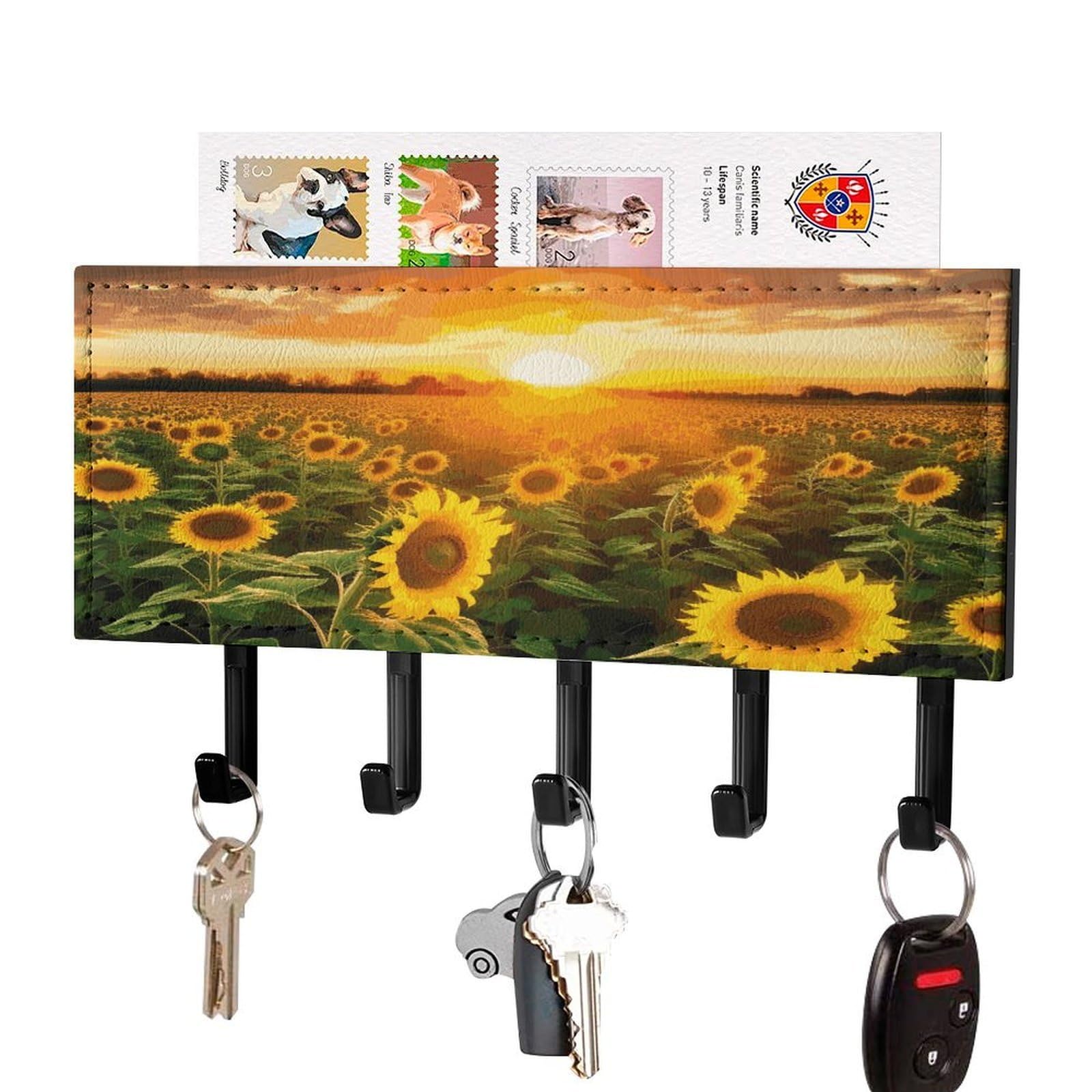 LDGSUPH Sunflower Field Sunset Key Holder Wall Mount Key Hanger with 5 Hooks Fashion Key Organizer Rack Hanging Key Hooks with Mail Organizer Key Rack for Home Entryway Hallway Black-Style