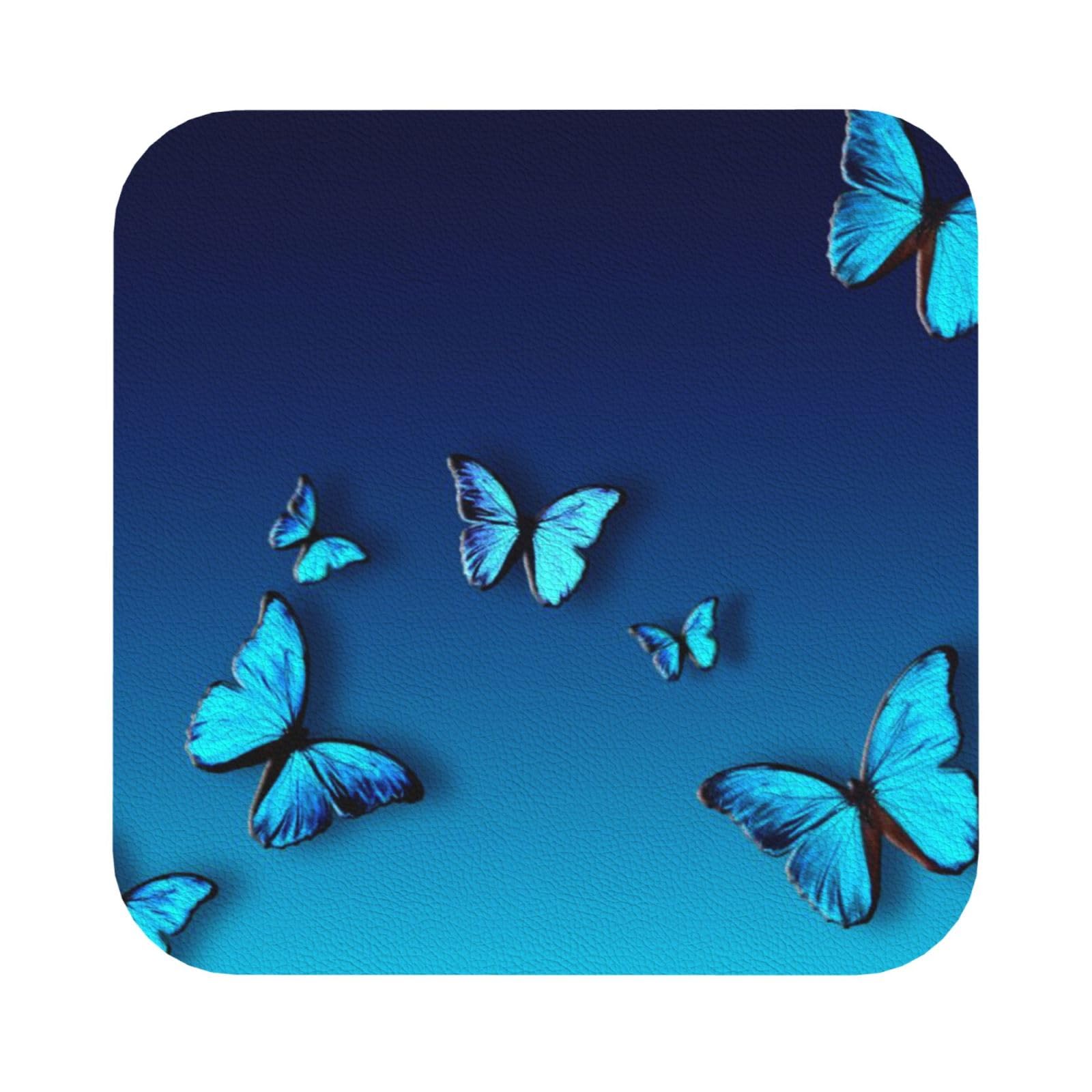 Beautiful blue butterfly PU Leather Coasters Set of 6 Square Drink Coasters